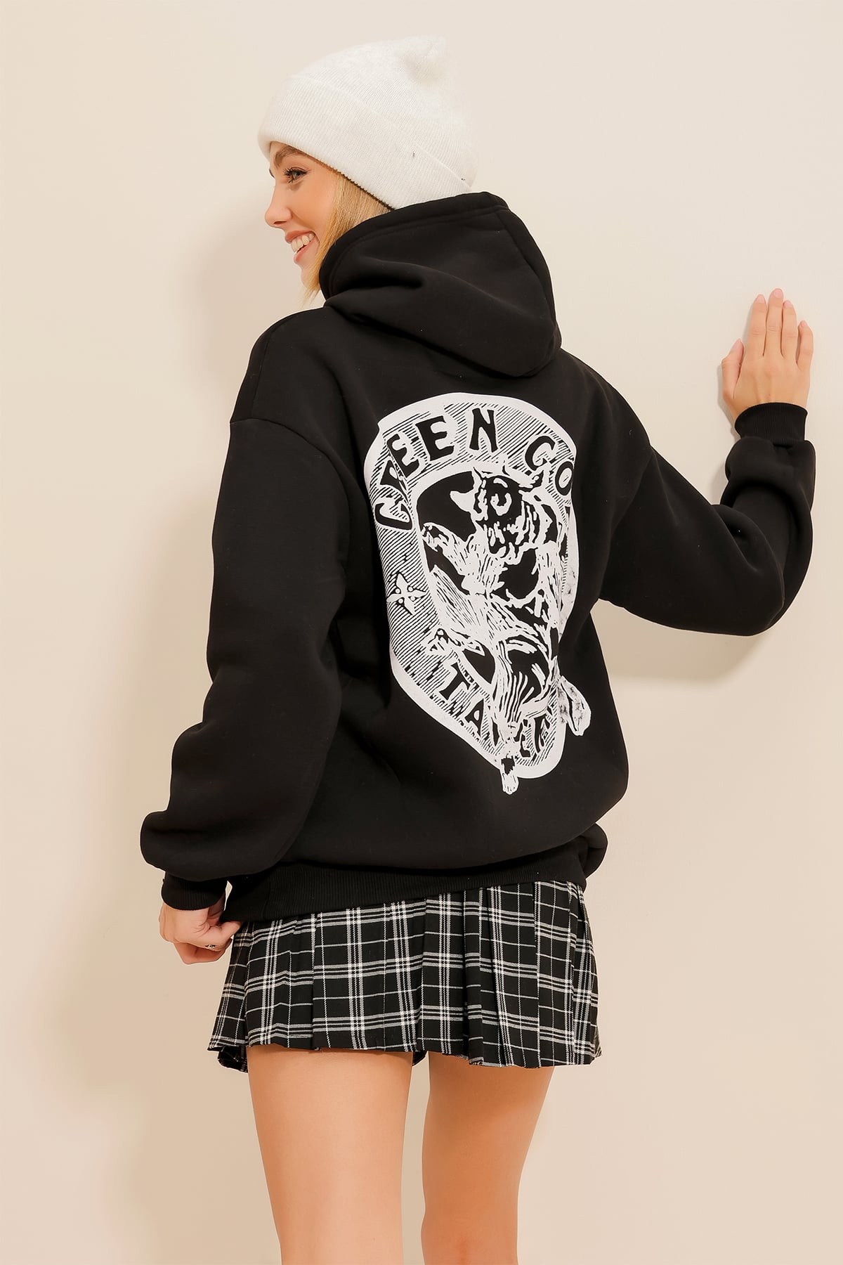 Kapüşonlu Sırt Ve Önü Baskılı 3 İplik İçi Şardonlu Sweatshirt - Siyah