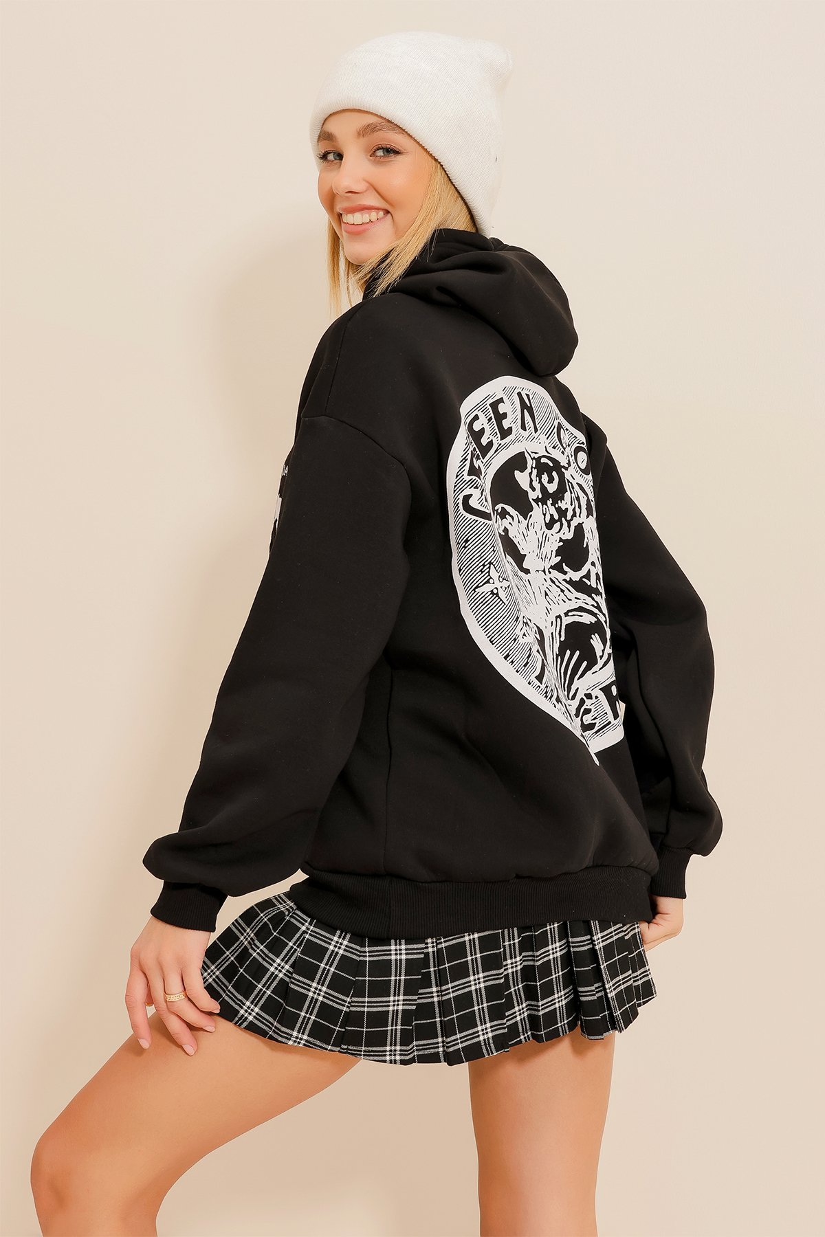 Kapüşonlu Sırt Ve Önü Baskılı 3 İplik İçi Şardonlu Sweatshirt - Siyah