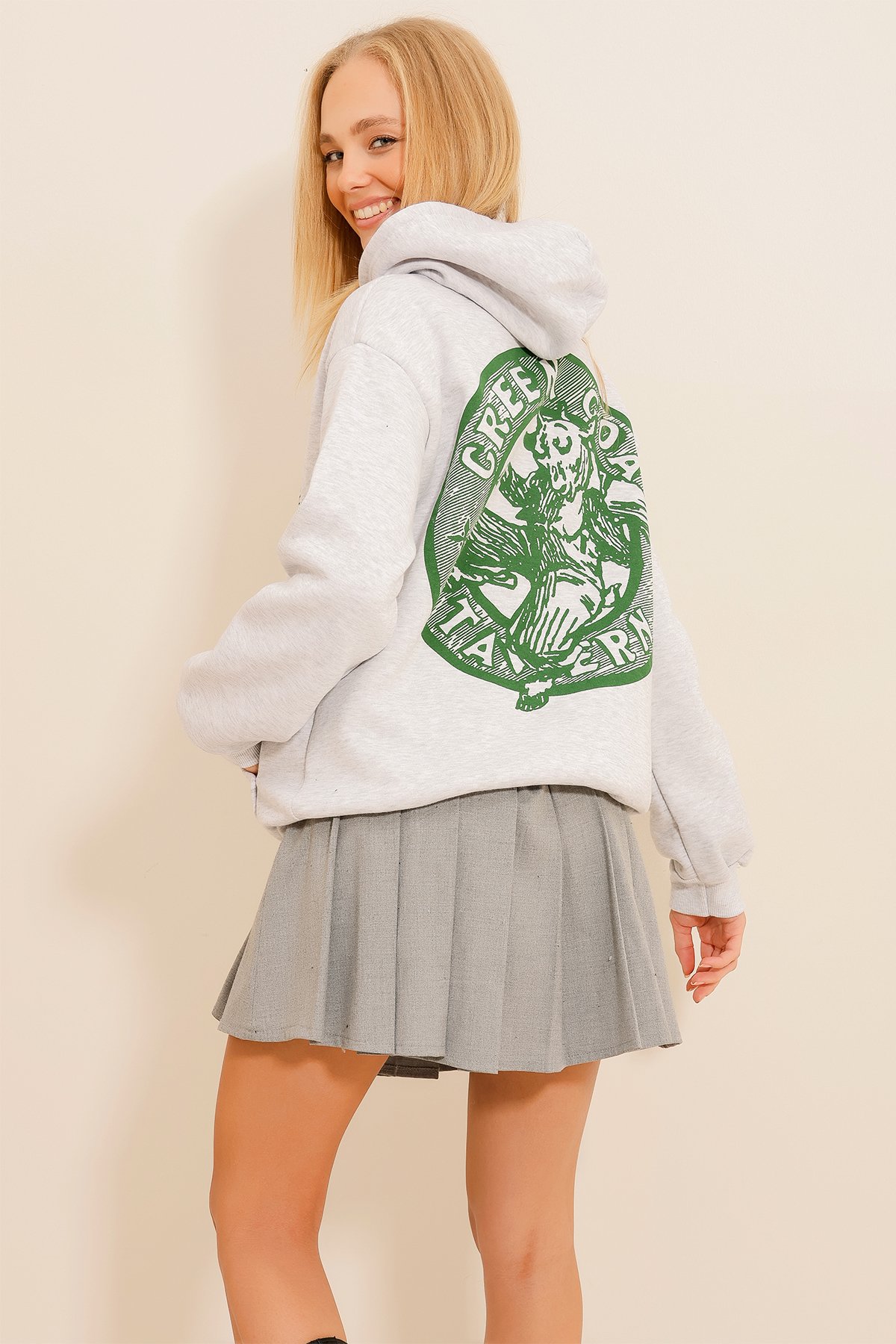 Kapüşonlu Sırt Ve Önü Baskılı 3 İplik İçi Şardonlu Sweatshirt - Gri