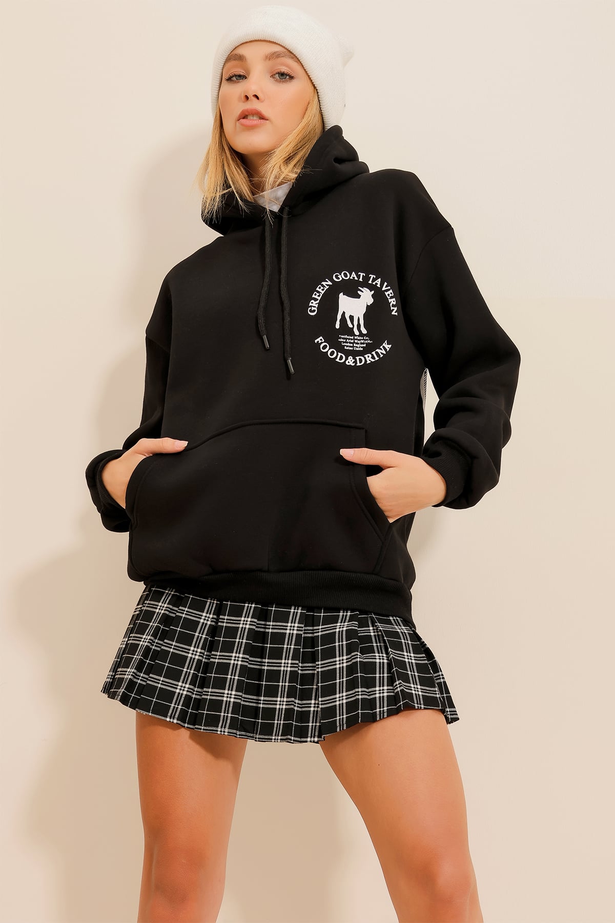 Kapüşonlu Sırt Ve Önü Baskılı 3 İplik İçi Şardonlu Sweatshirt - Siyah