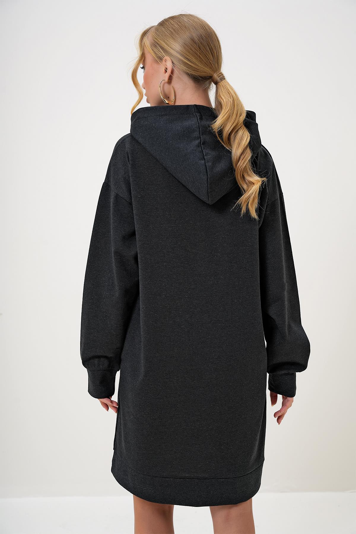 Kapüşonlu Sweatshirt Elbise - Antrasit