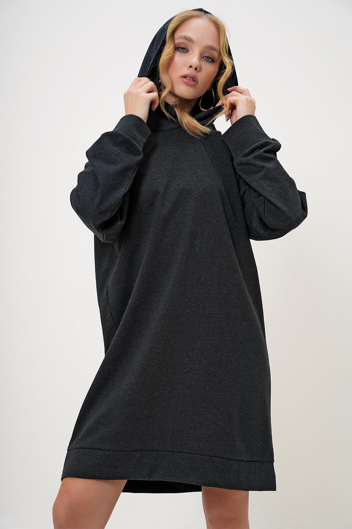 Kapüşonlu Sweatshirt Elbise - Antrasit