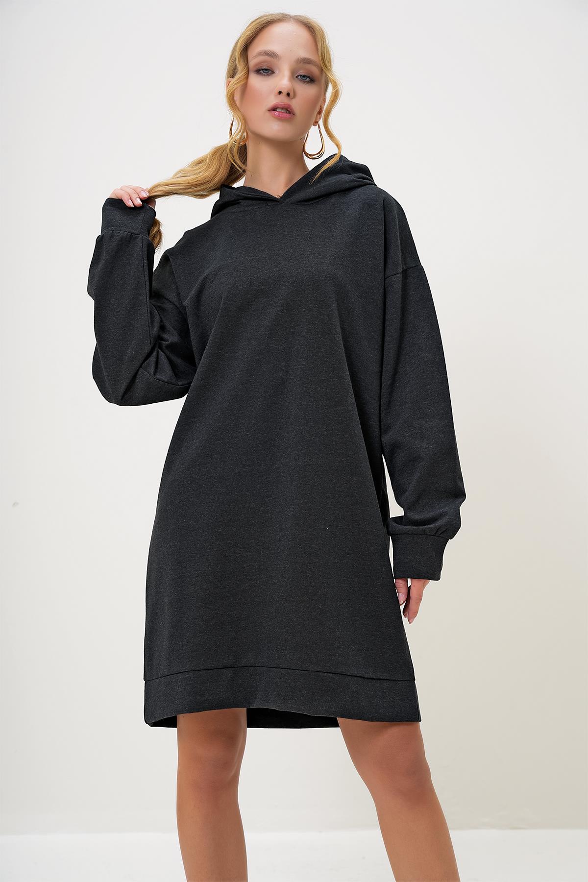 Kapüşonlu Sweatshirt Elbise - Antrasit