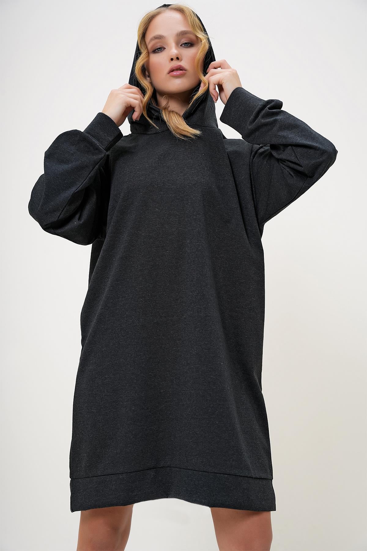 Kapüşonlu Sweatshirt Elbise - Antrasit