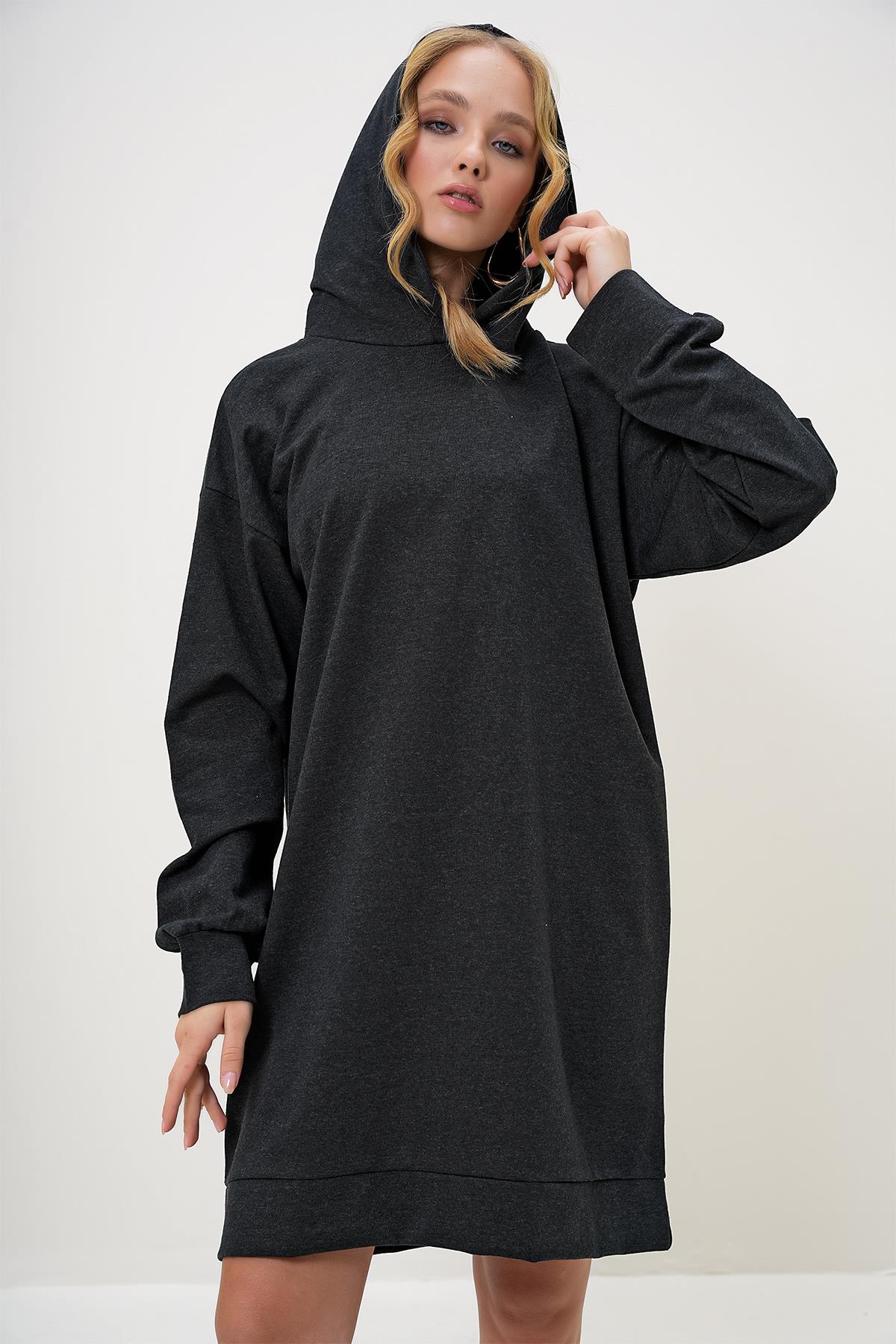 Kapüşonlu Sweatshirt Elbise - Antrasit