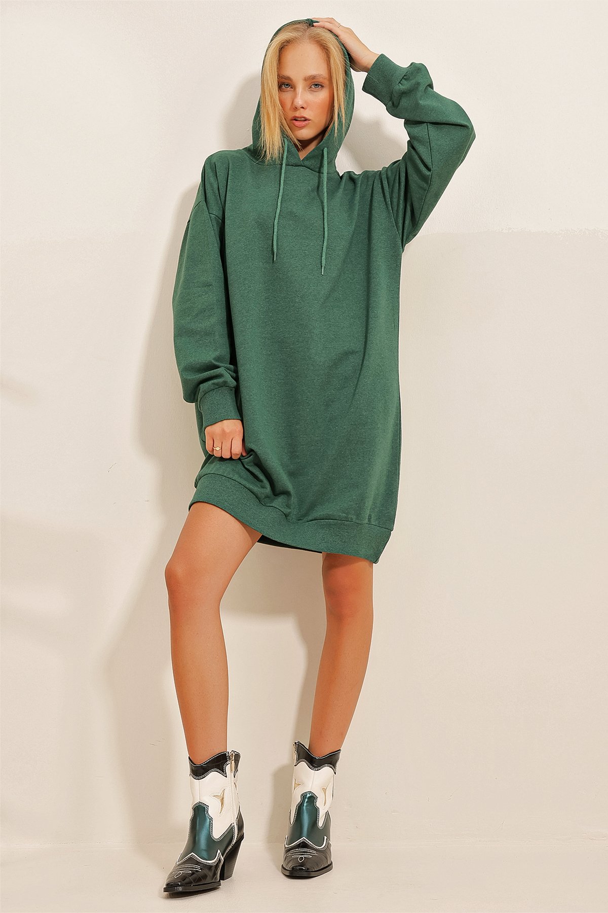 Kapüşonlu Sweatshirt Elbise - Ceviz Yeşili