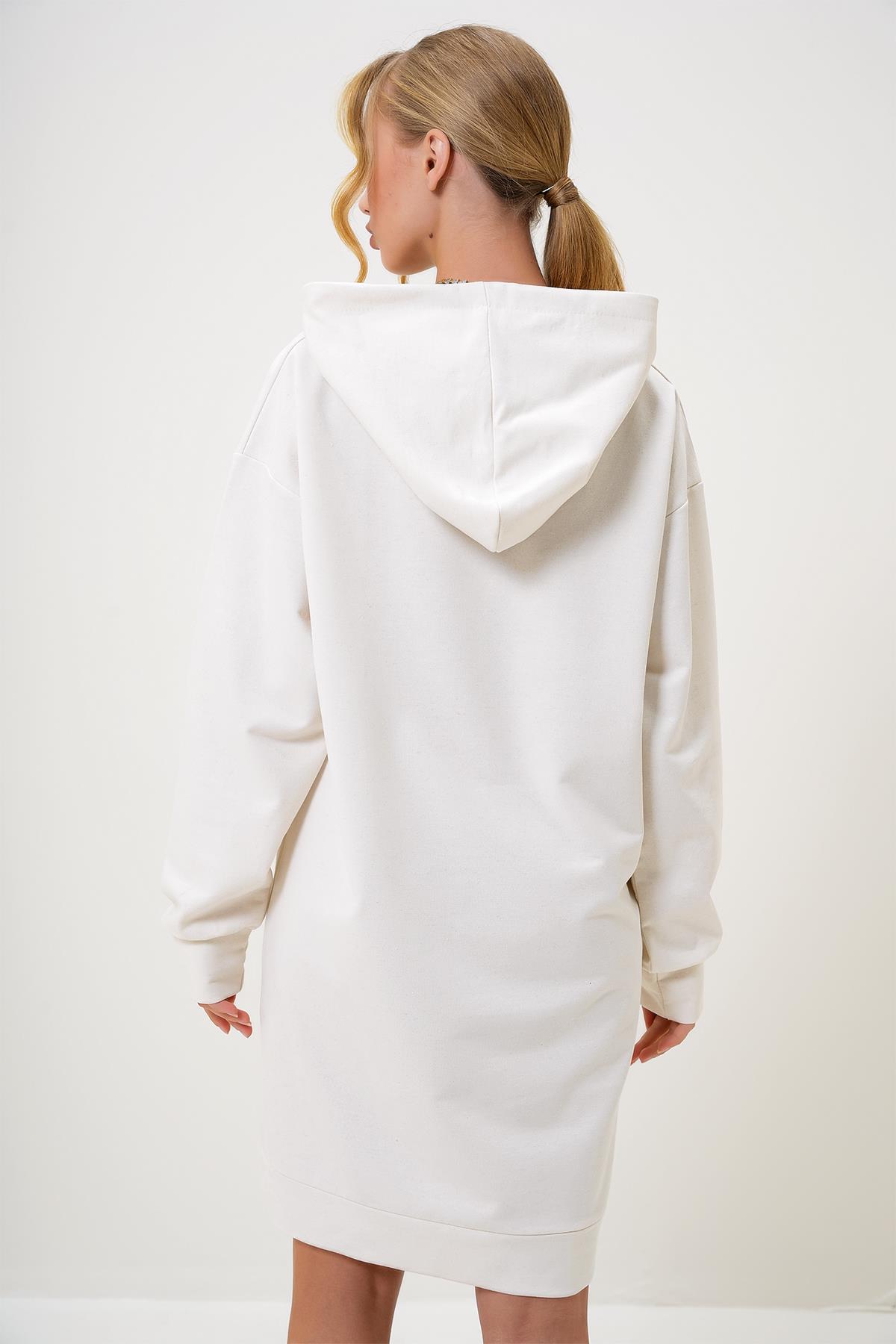 Kapüşonlu Sweatshirt Elbise - Ekru