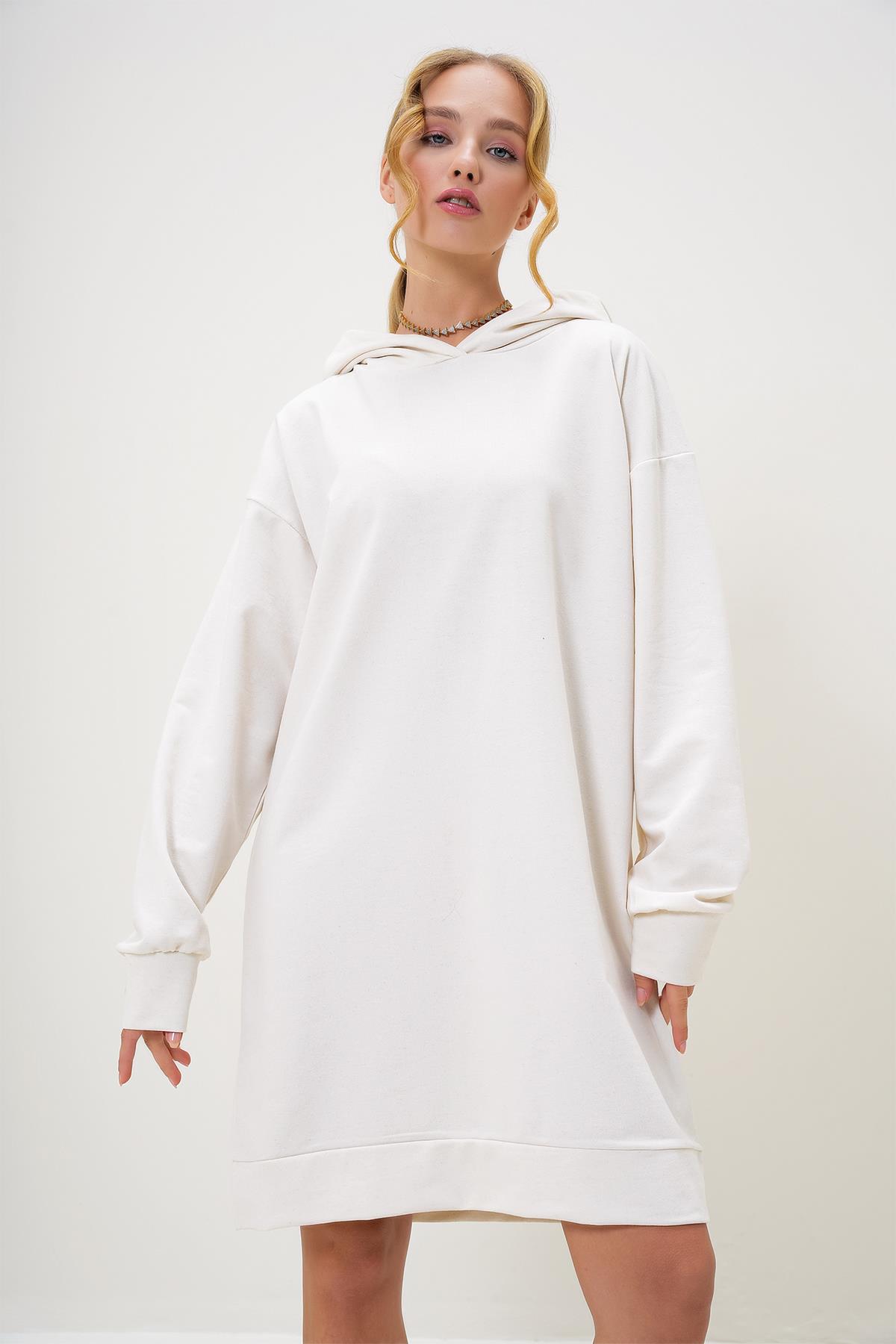 Kapüşonlu Sweatshirt Elbise - Ekru