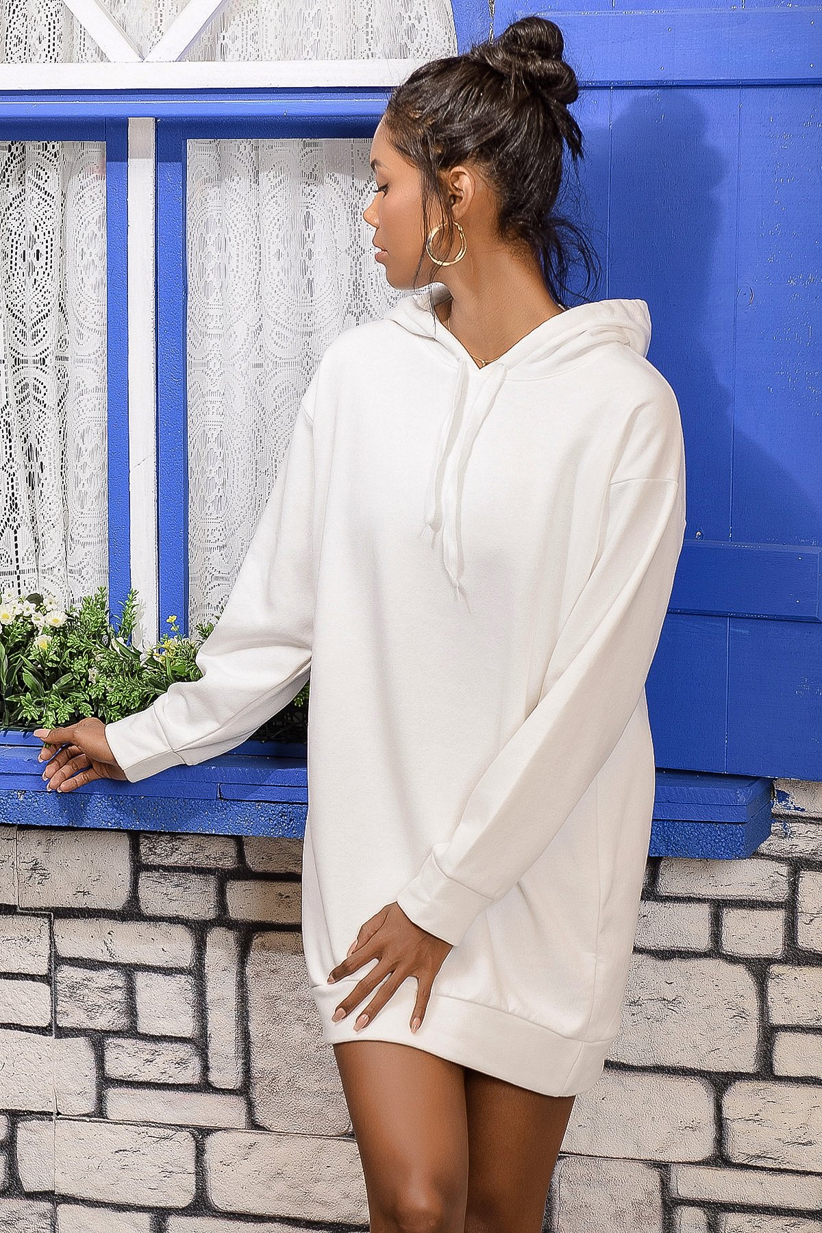 Kapüşonlu Sweatshirt Elbise - Ekru