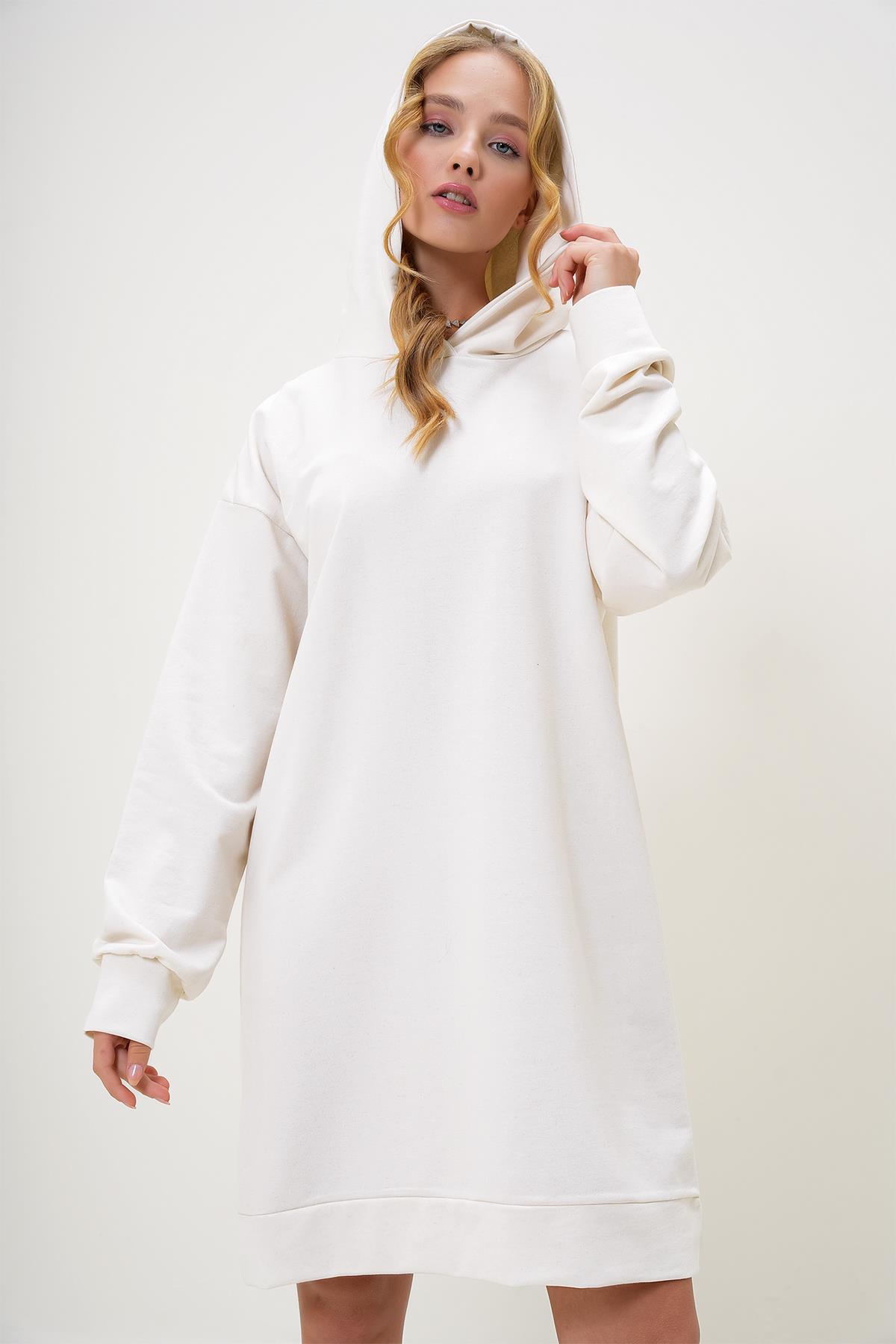 Kapüşonlu Sweatshirt Elbise - Ekru