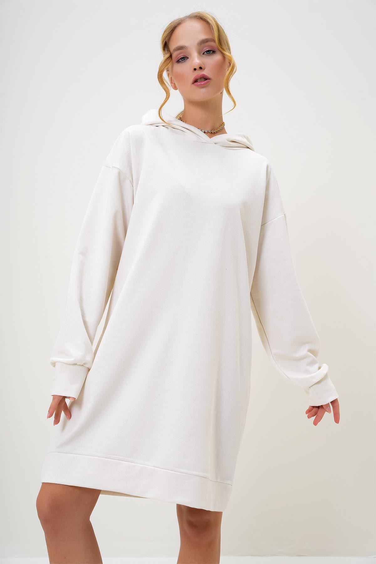 Kapüşonlu Sweatshirt Elbise - Ekru