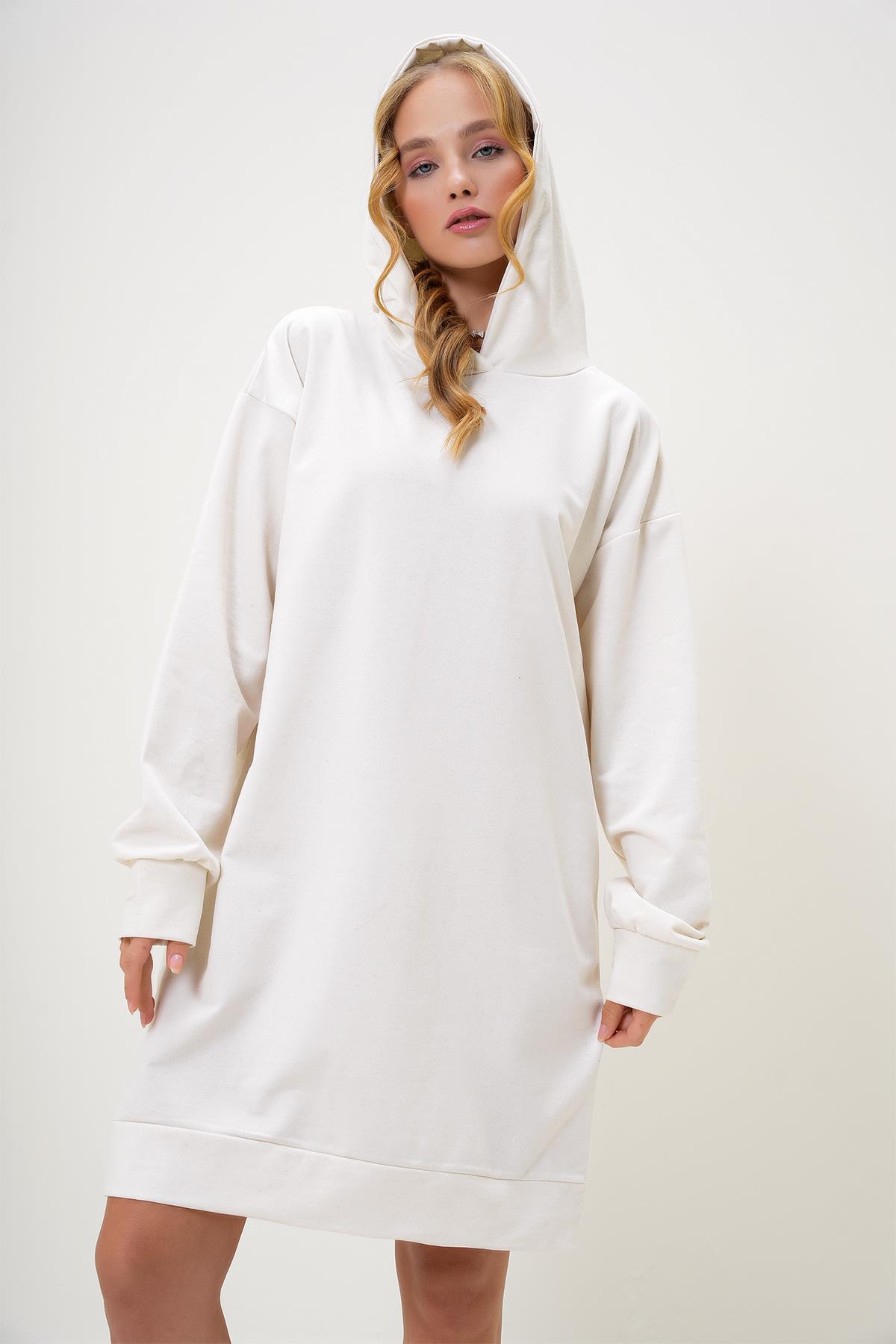 Kapüşonlu Sweatshirt Elbise - Ekru