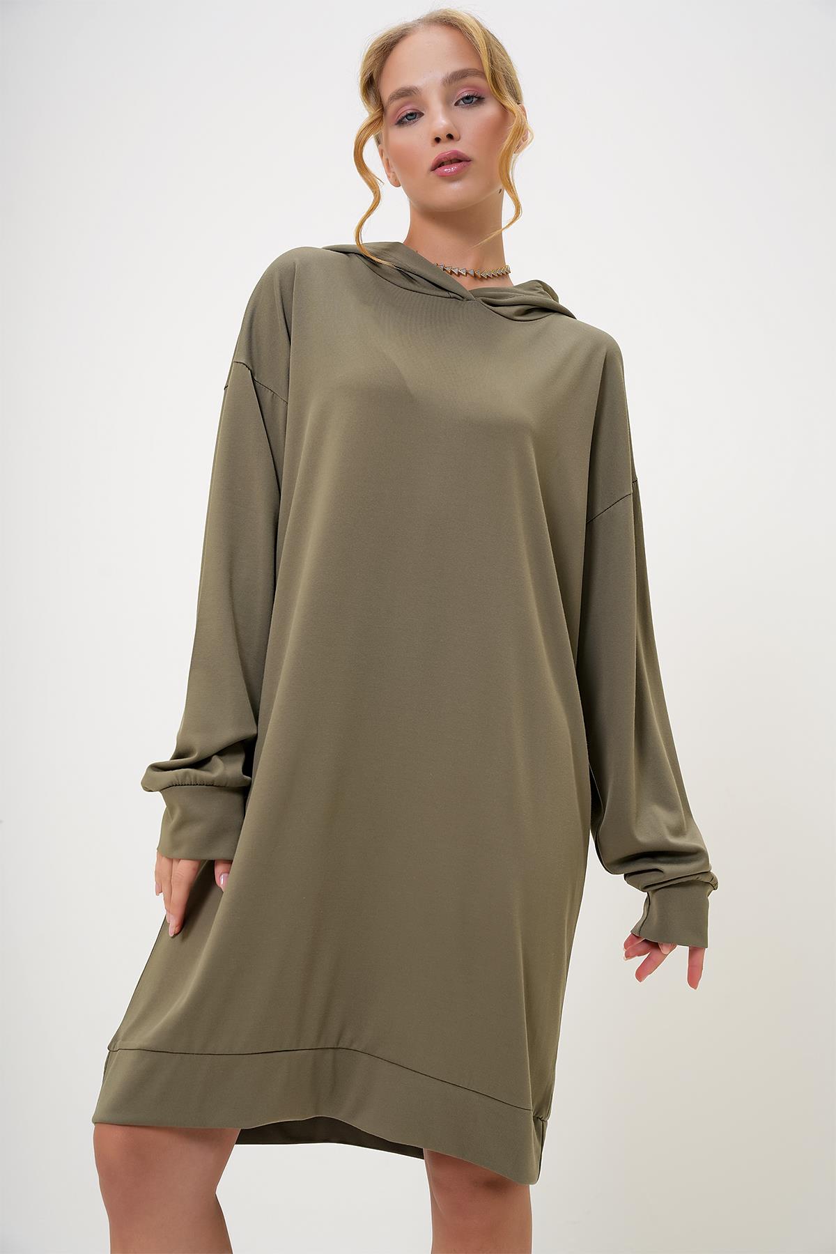 Kapüşonlu Sweatshirt Elbise - HAKİ