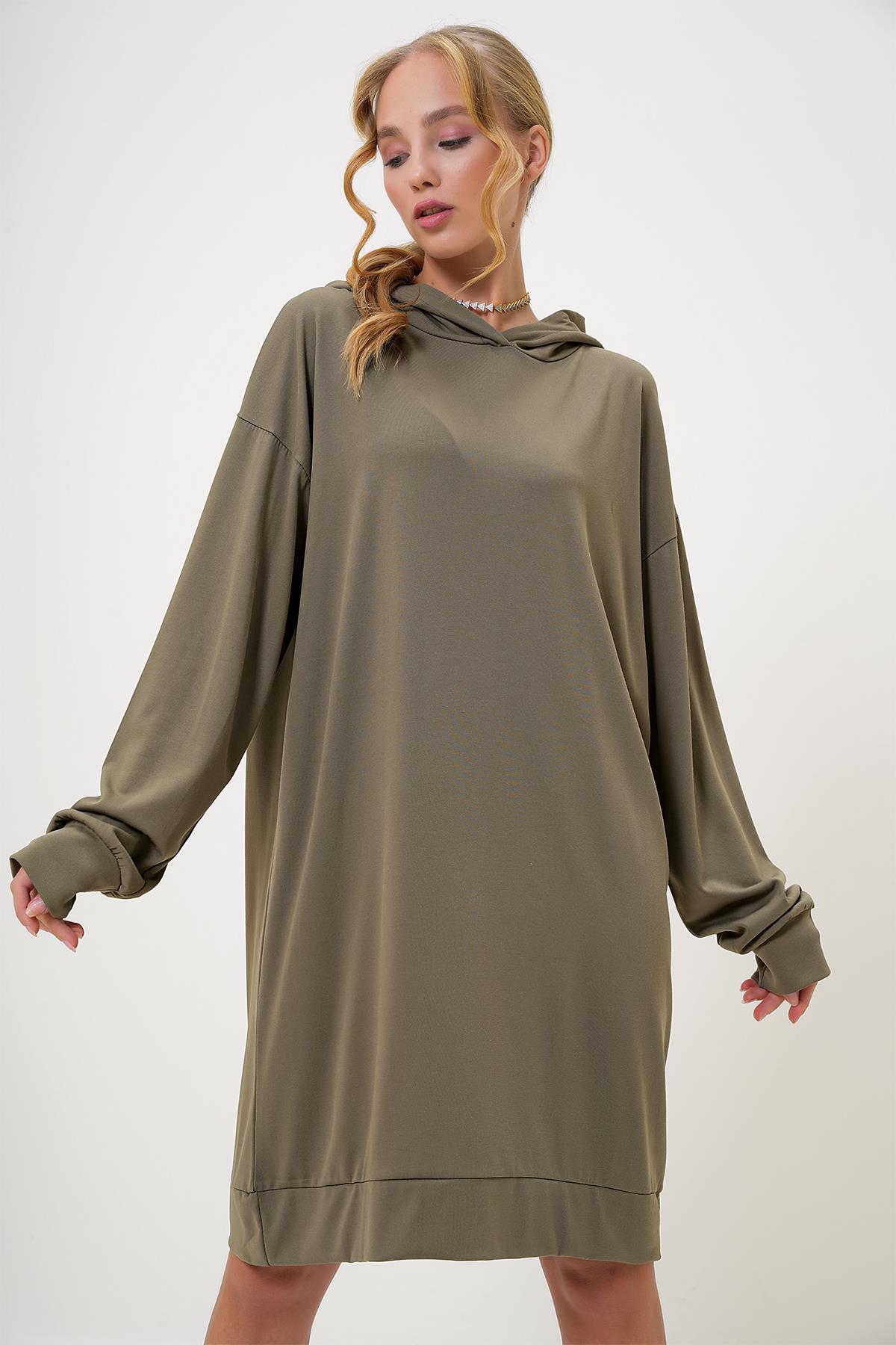 Kapüşonlu Sweatshirt Elbise - HAKİ
