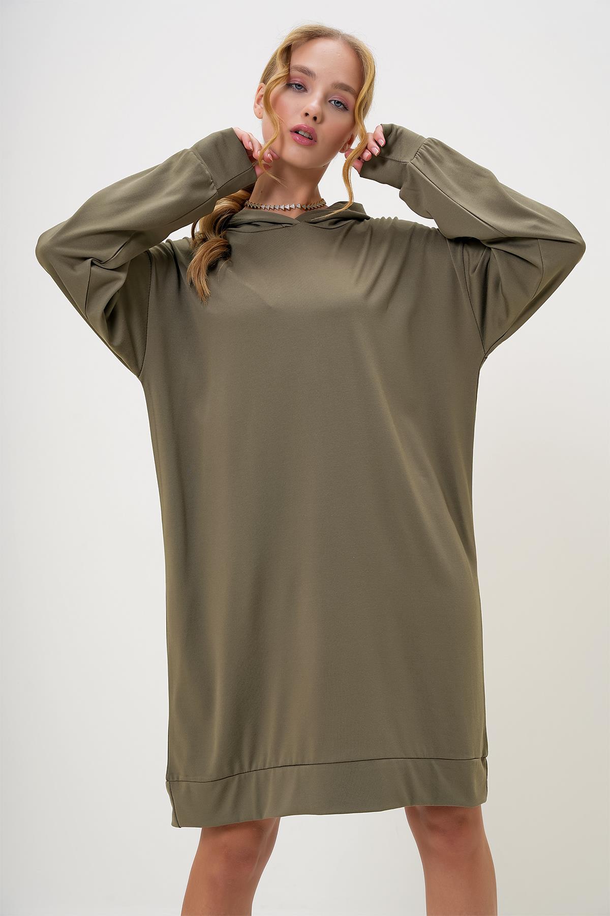 Kapüşonlu Sweatshirt Elbise - HAKİ