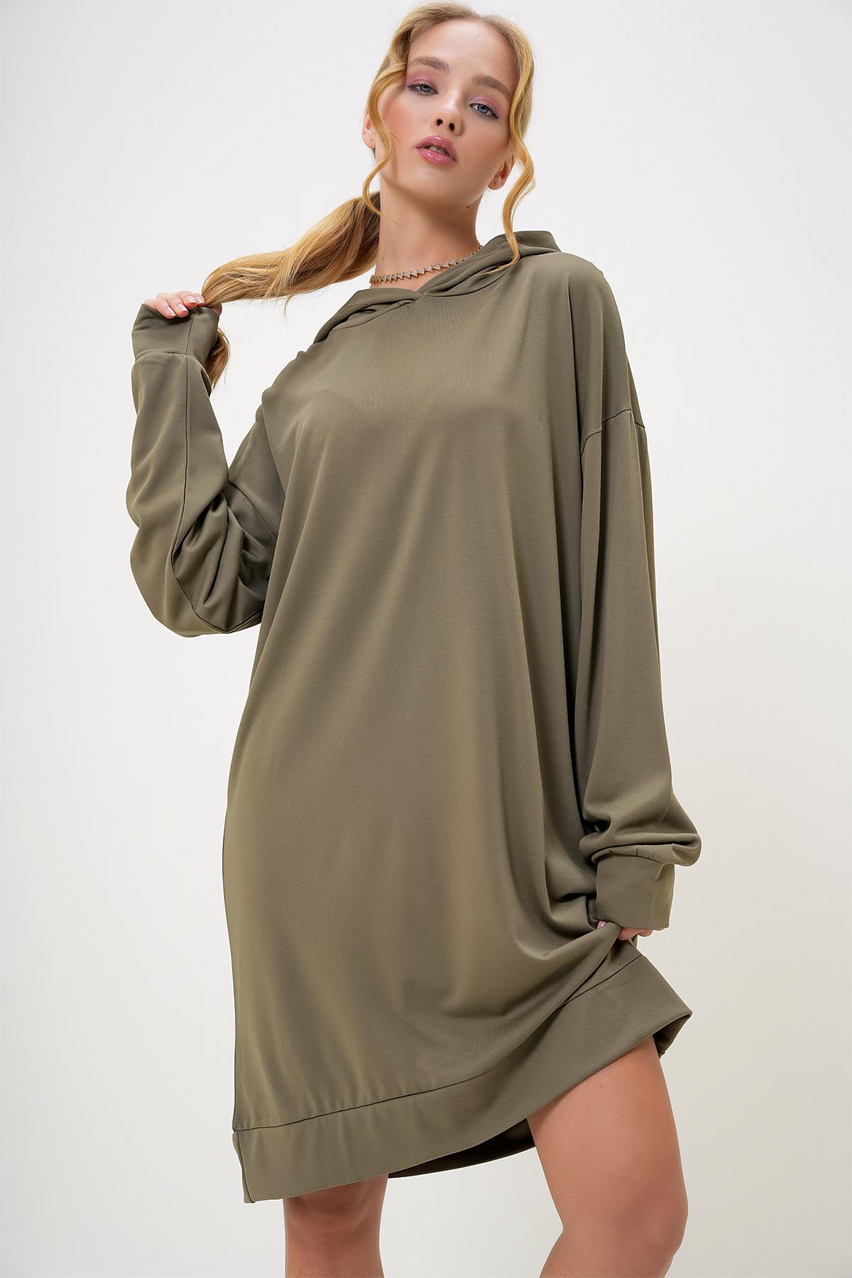 Kapüşonlu Sweatshirt Elbise - HAKİ