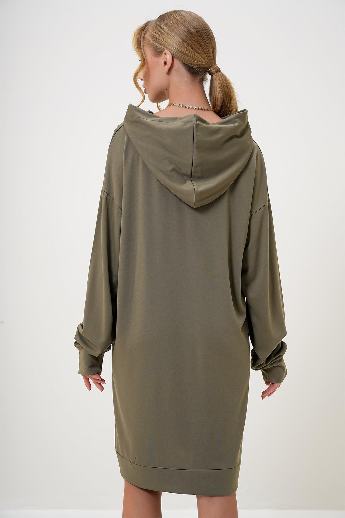 Kapüşonlu Sweatshirt Elbise - HAKİ