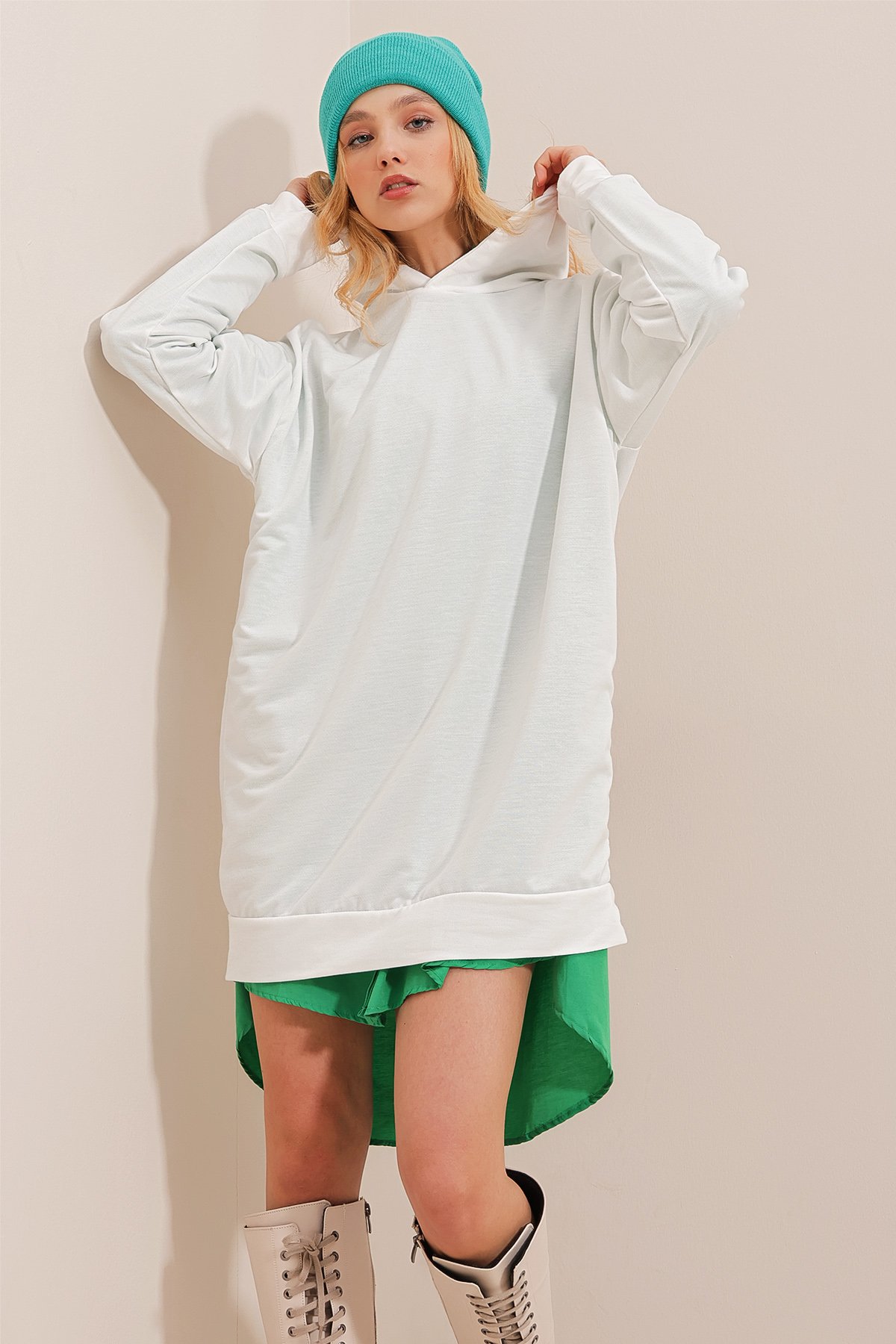 Kapüşonlu Sweatshirt Elbise - Kırık Beyaz