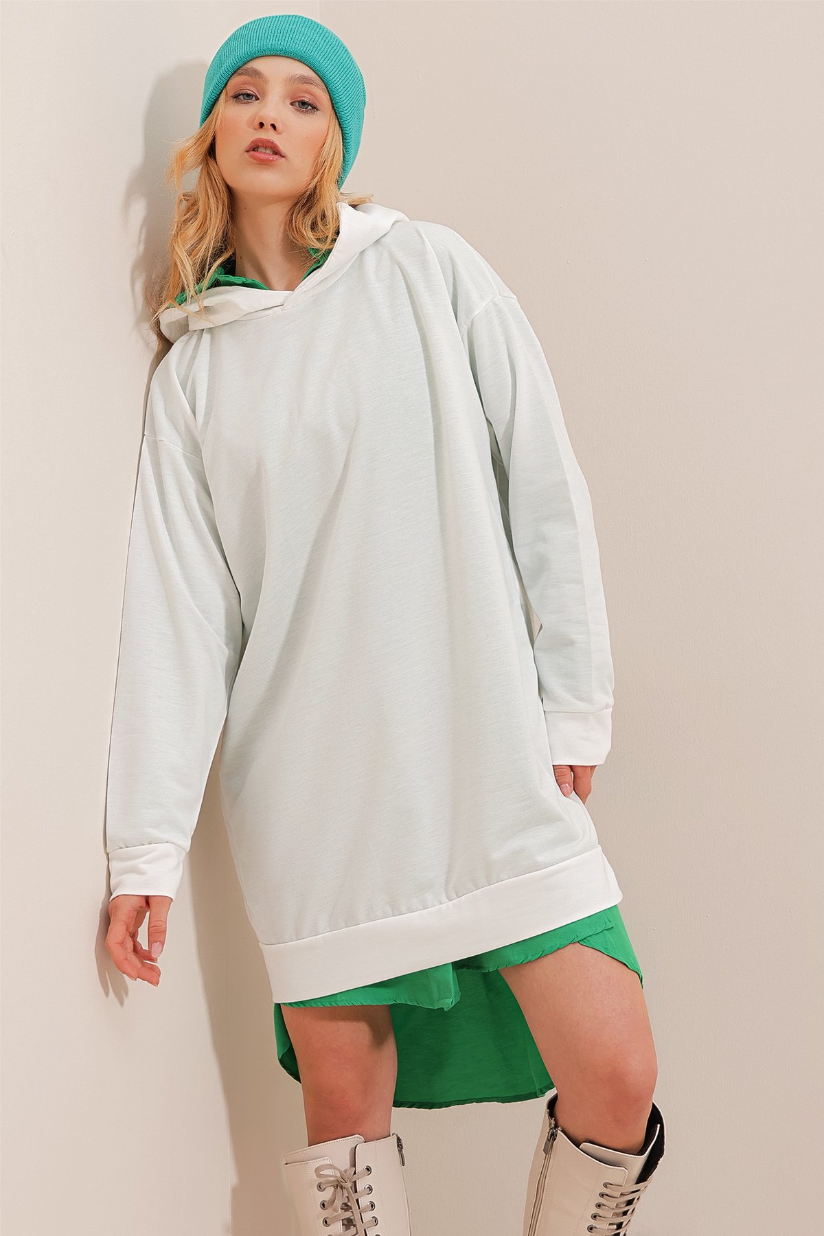 Kapüşonlu Sweatshirt Elbise - Kırık Beyaz