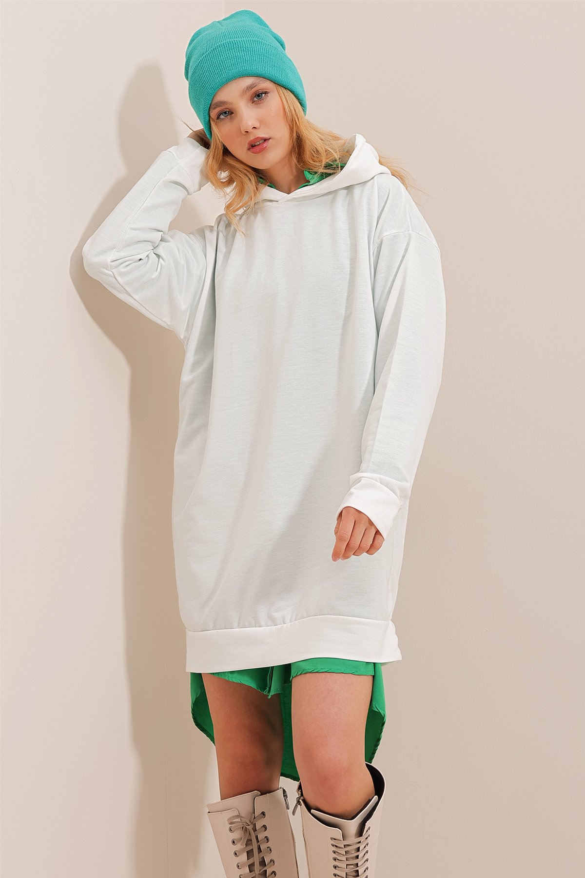 Kapüşonlu Sweatshirt Elbise - Kırık Beyaz