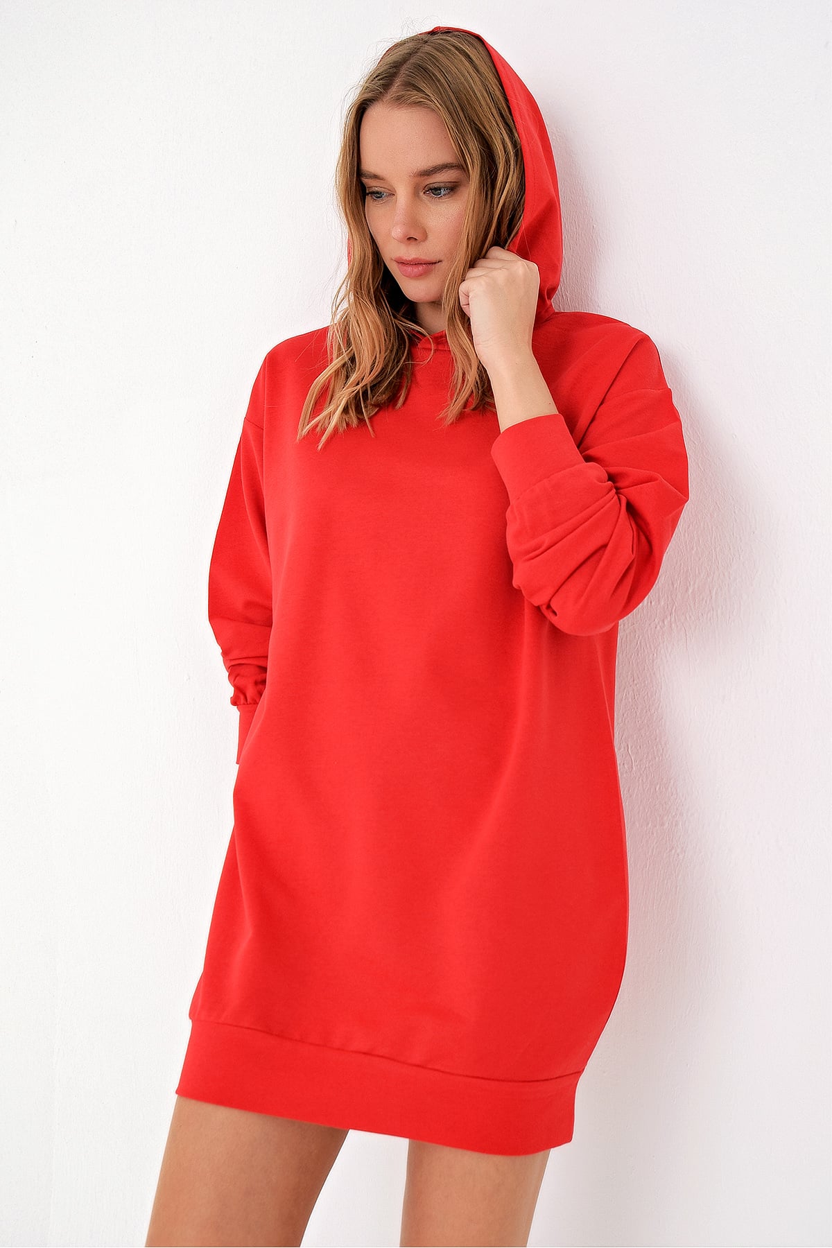 Kapüşonlu Sweatshirt Elbise - Kırmızı