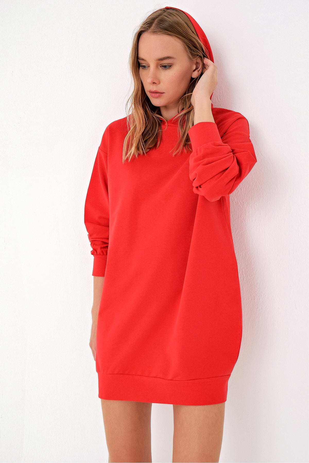 Kapüşonlu Sweatshirt Elbise - Kırmızı