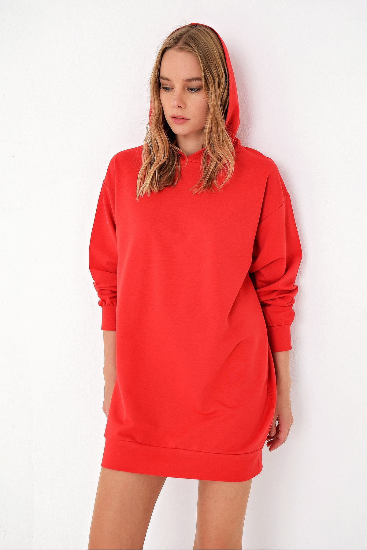 Kapüşonlu Sweatshirt Elbise - Kırmızı