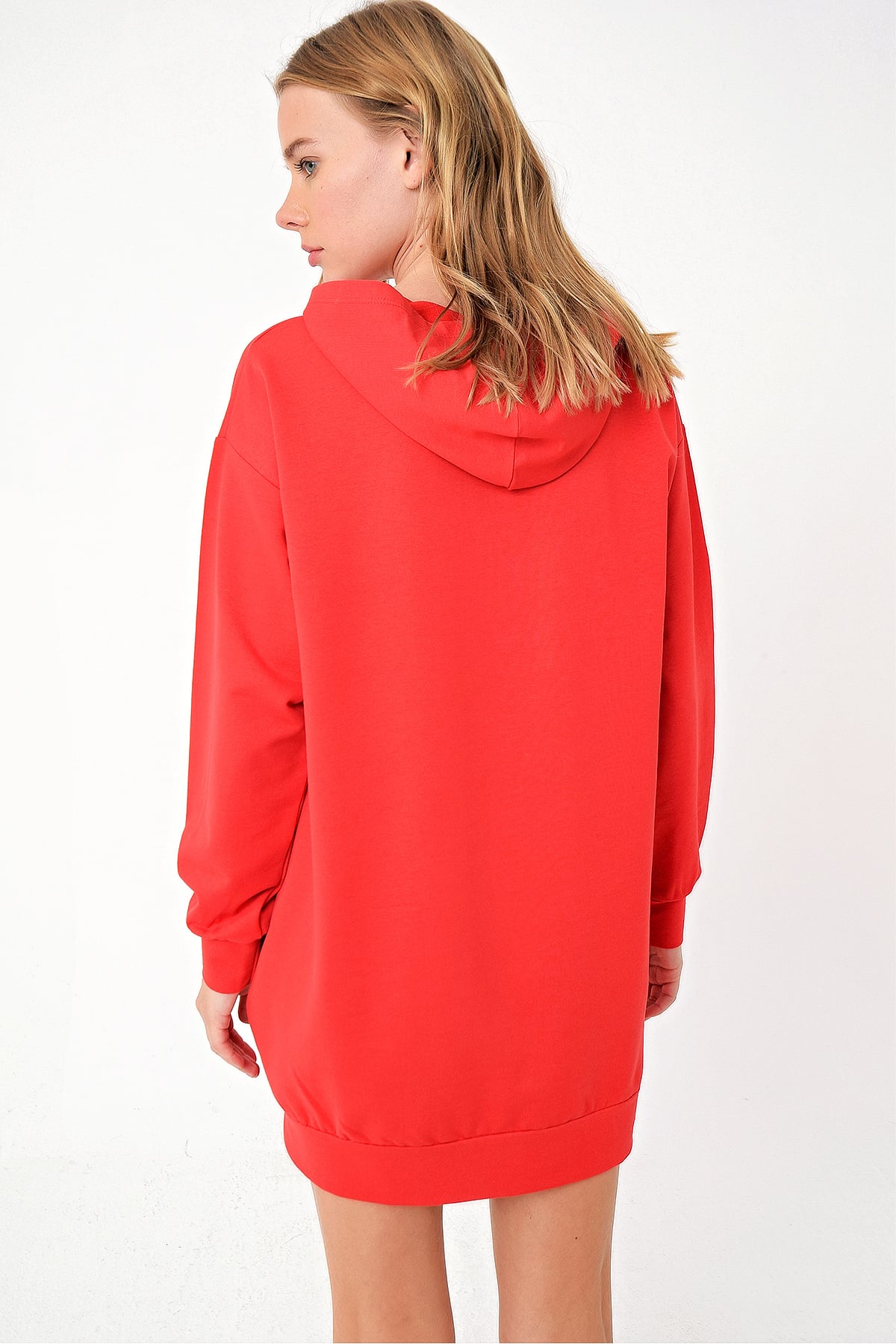 Kapüşonlu Sweatshirt Elbise - Kırmızı