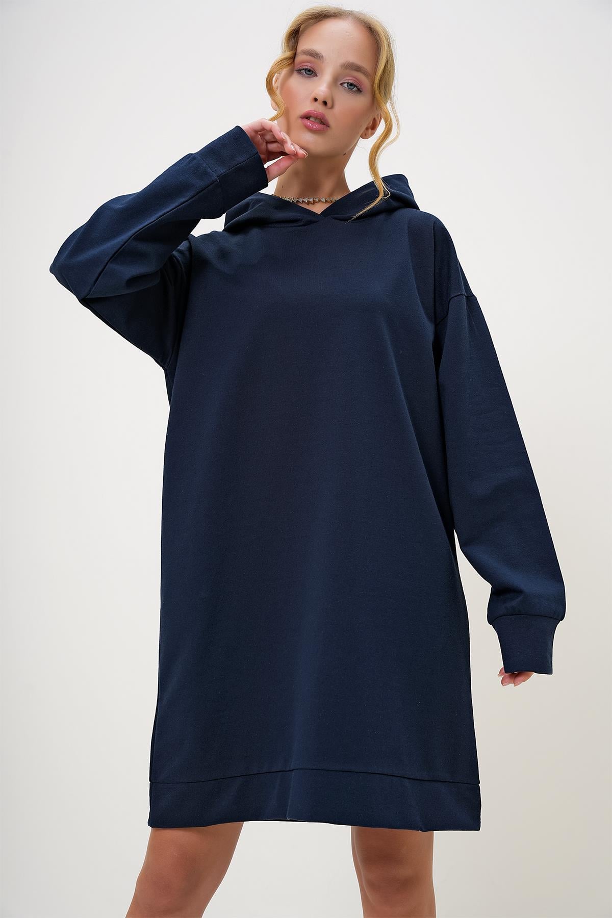 Kapüşonlu Sweatshirt Elbise - Lacivert