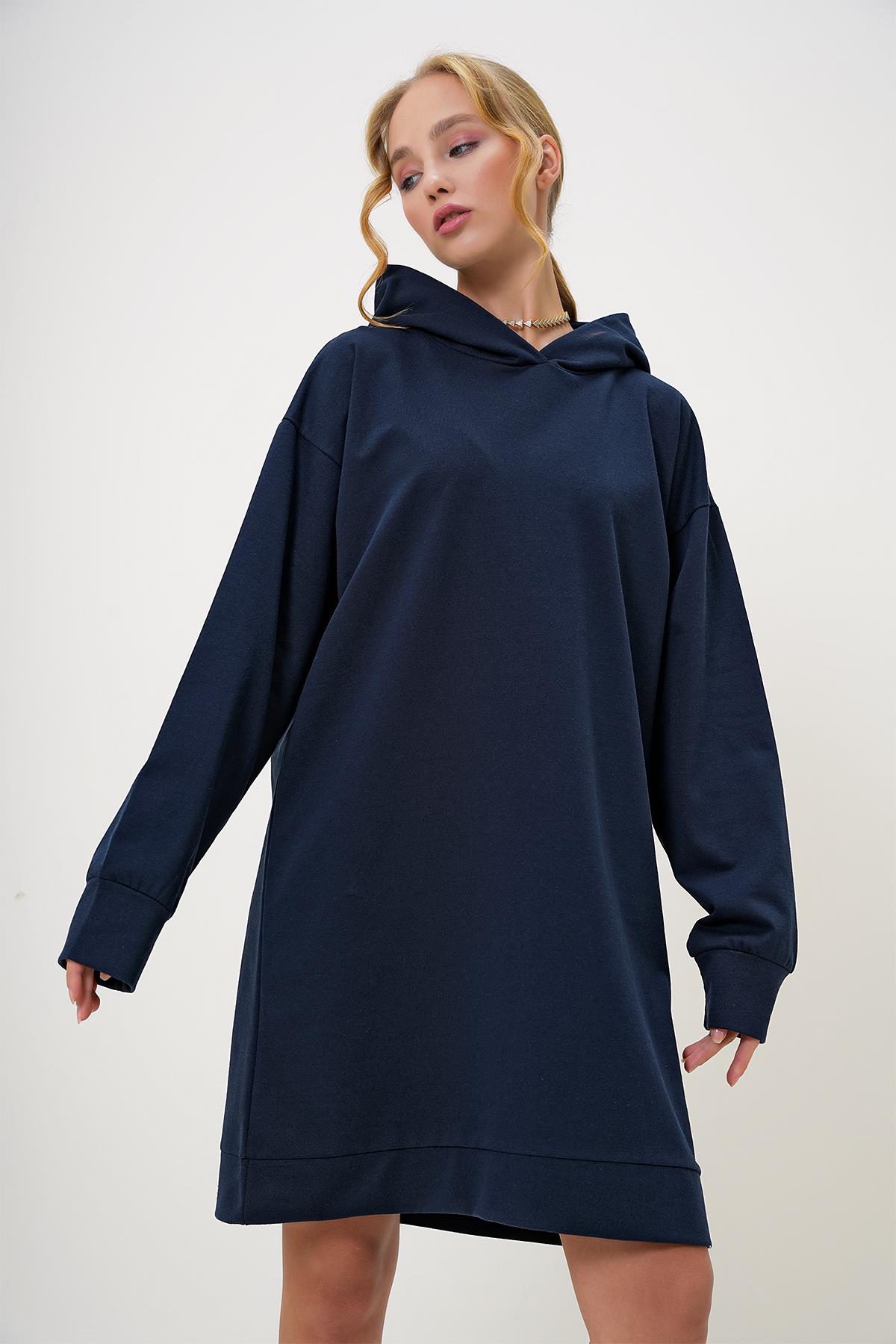 Kapüşonlu Sweatshirt Elbise - Lacivert