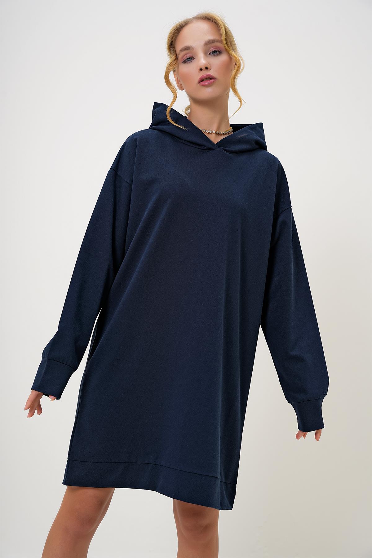 Kapüşonlu Sweatshirt Elbise - Lacivert