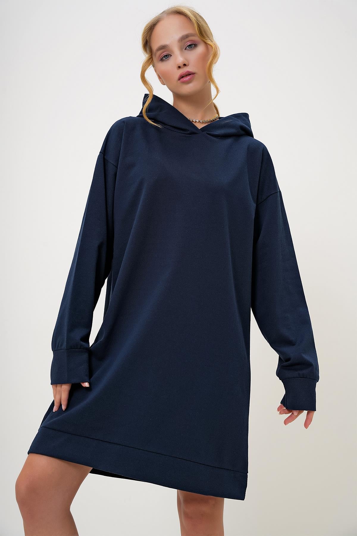 Kapüşonlu Sweatshirt Elbise - Lacivert