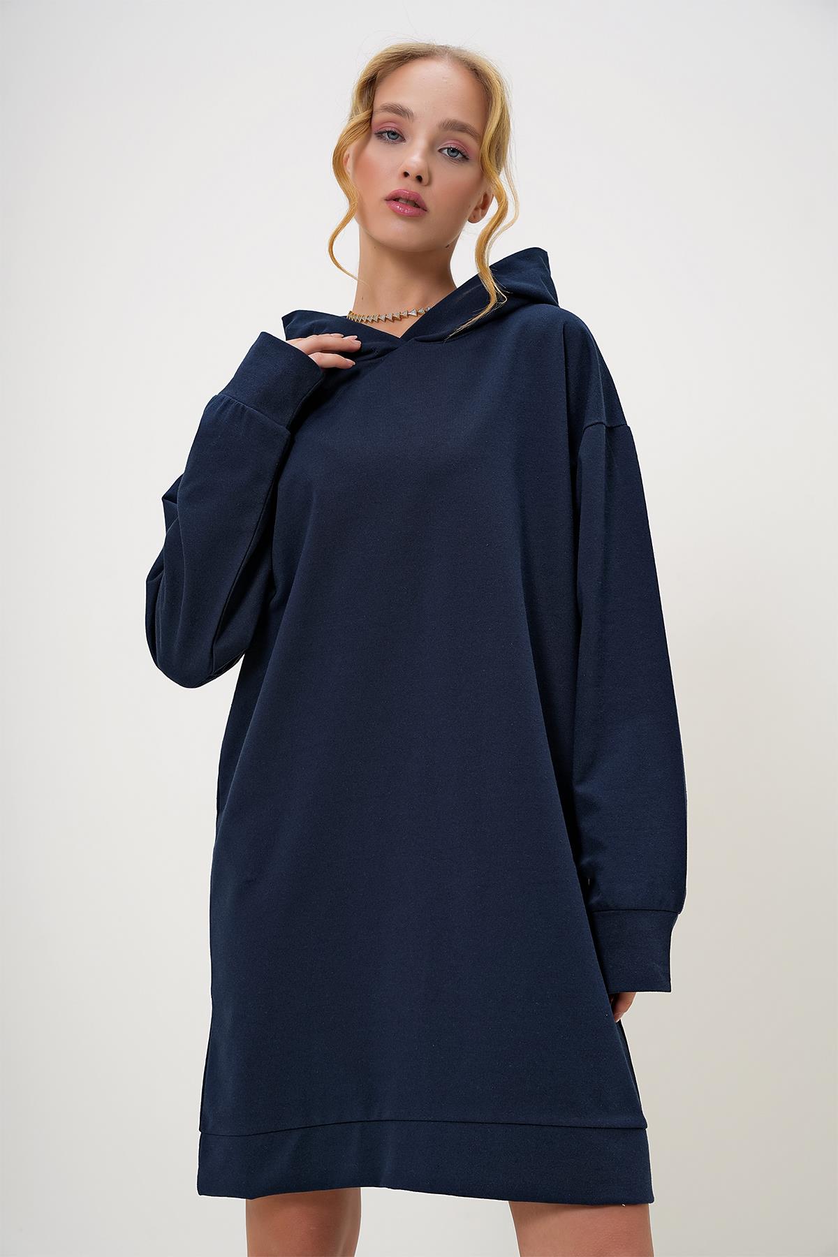 Kapüşonlu Sweatshirt Elbise - Lacivert