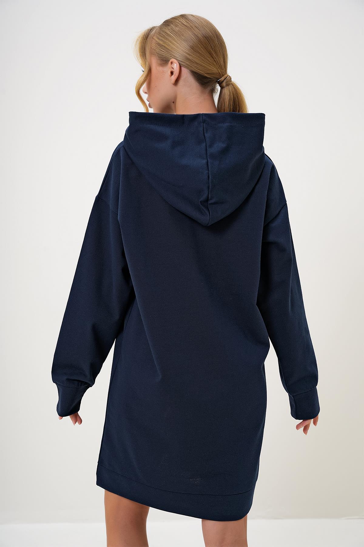 Kapüşonlu Sweatshirt Elbise - Lacivert