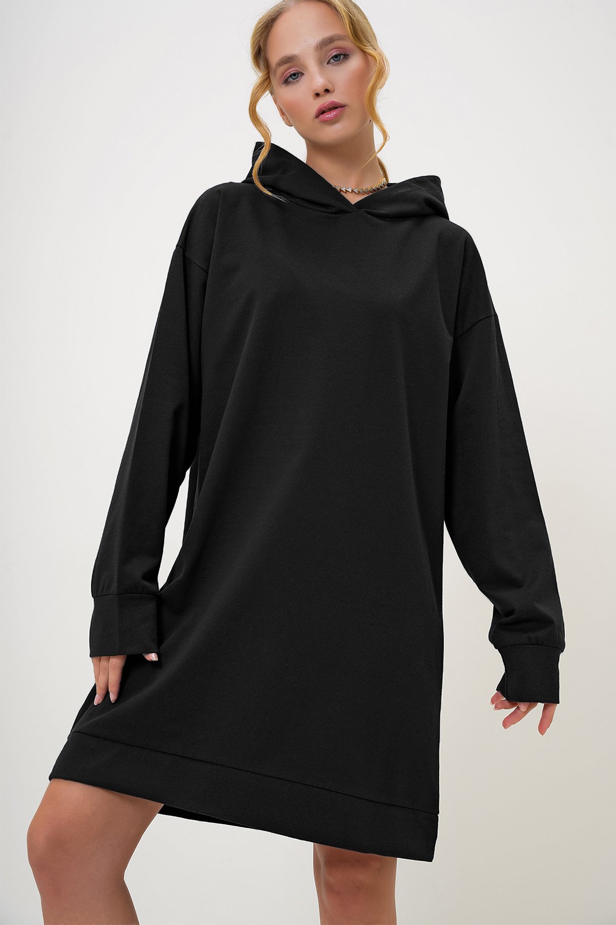 Kapüşonlu Sweatshirt Elbise - Siyah