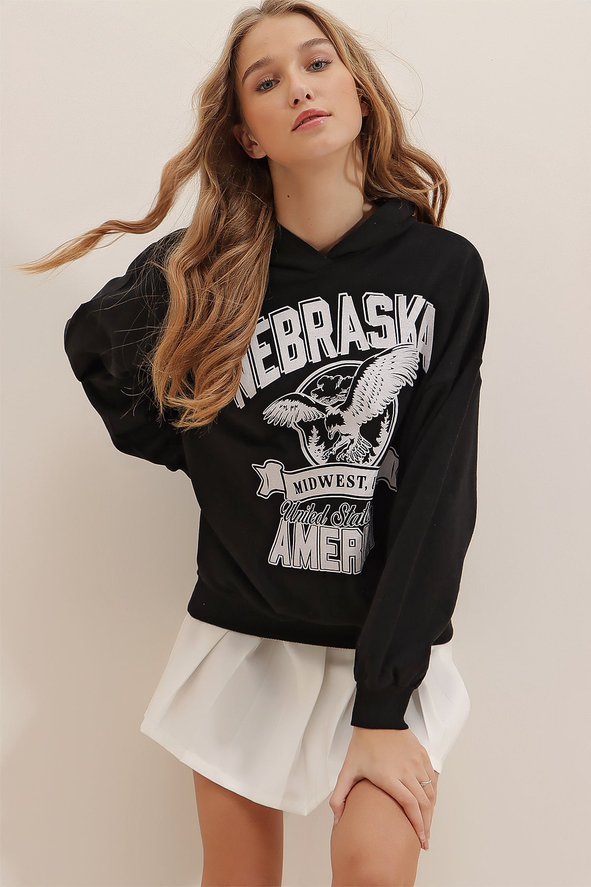 Kapüşonlu Yazı Baskılı İçi Polarlı Sweatshirt - Siyah
