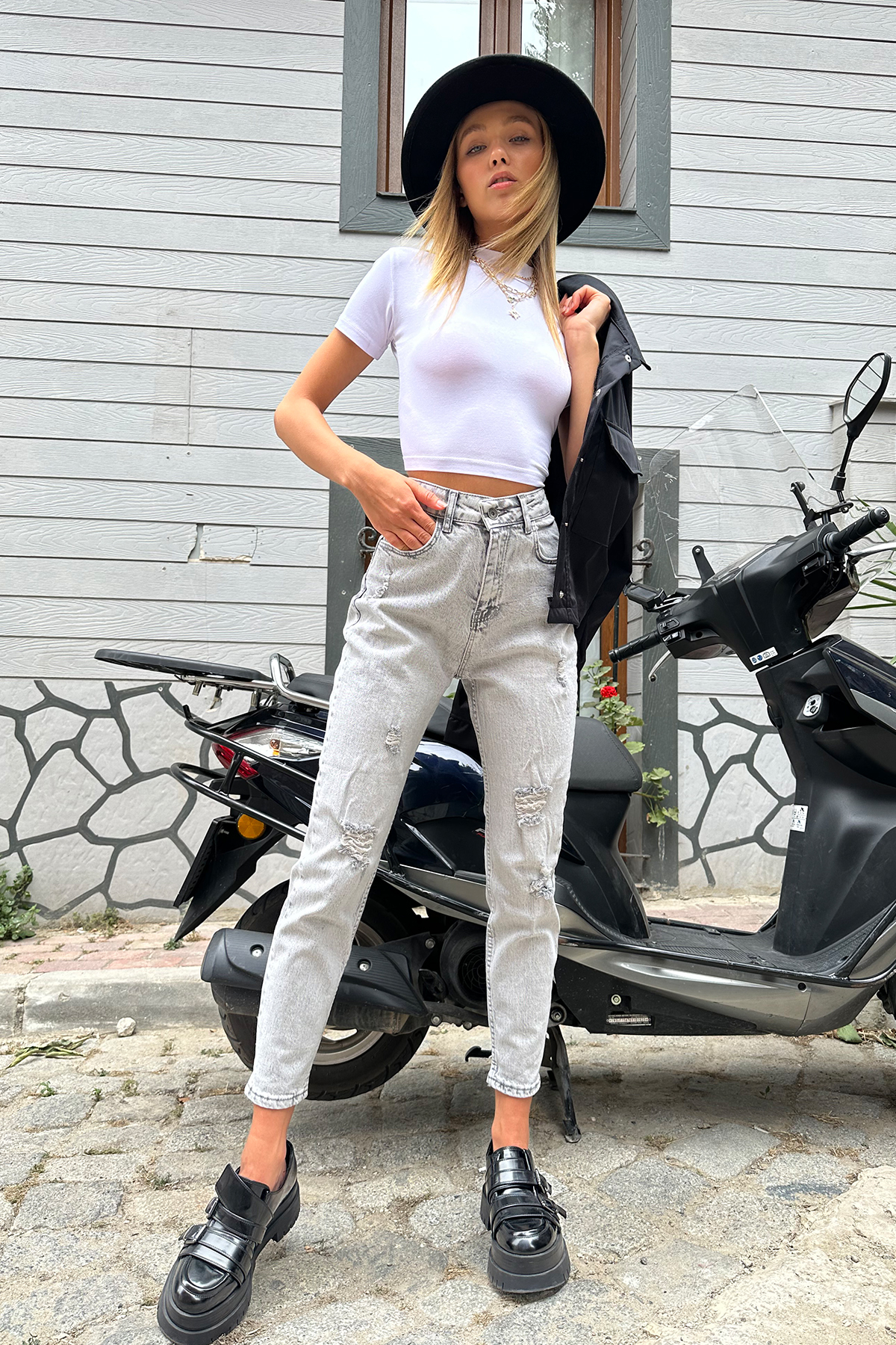 Kar Yıkamalı Eskitme Mom Jeans - Antrasit
