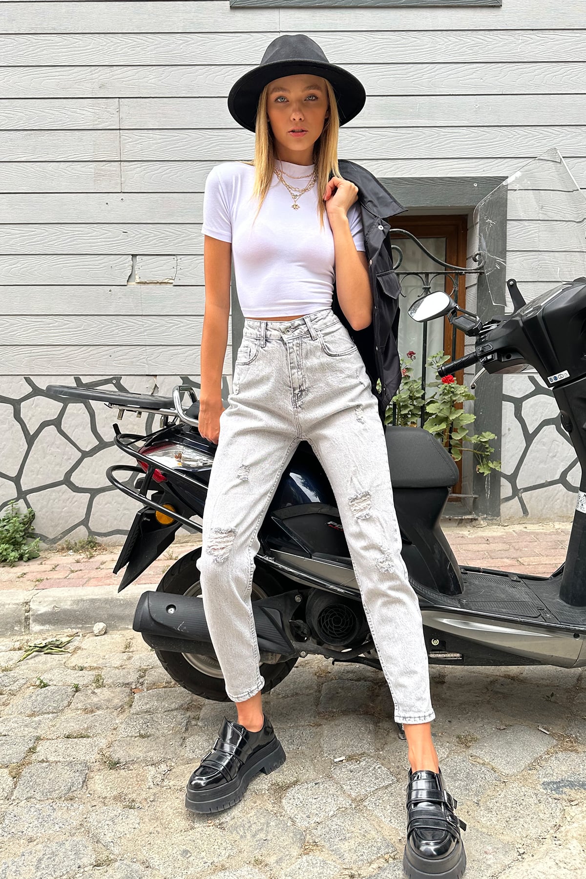 Kar Yıkamalı Eskitme Mom Jeans - Antrasit