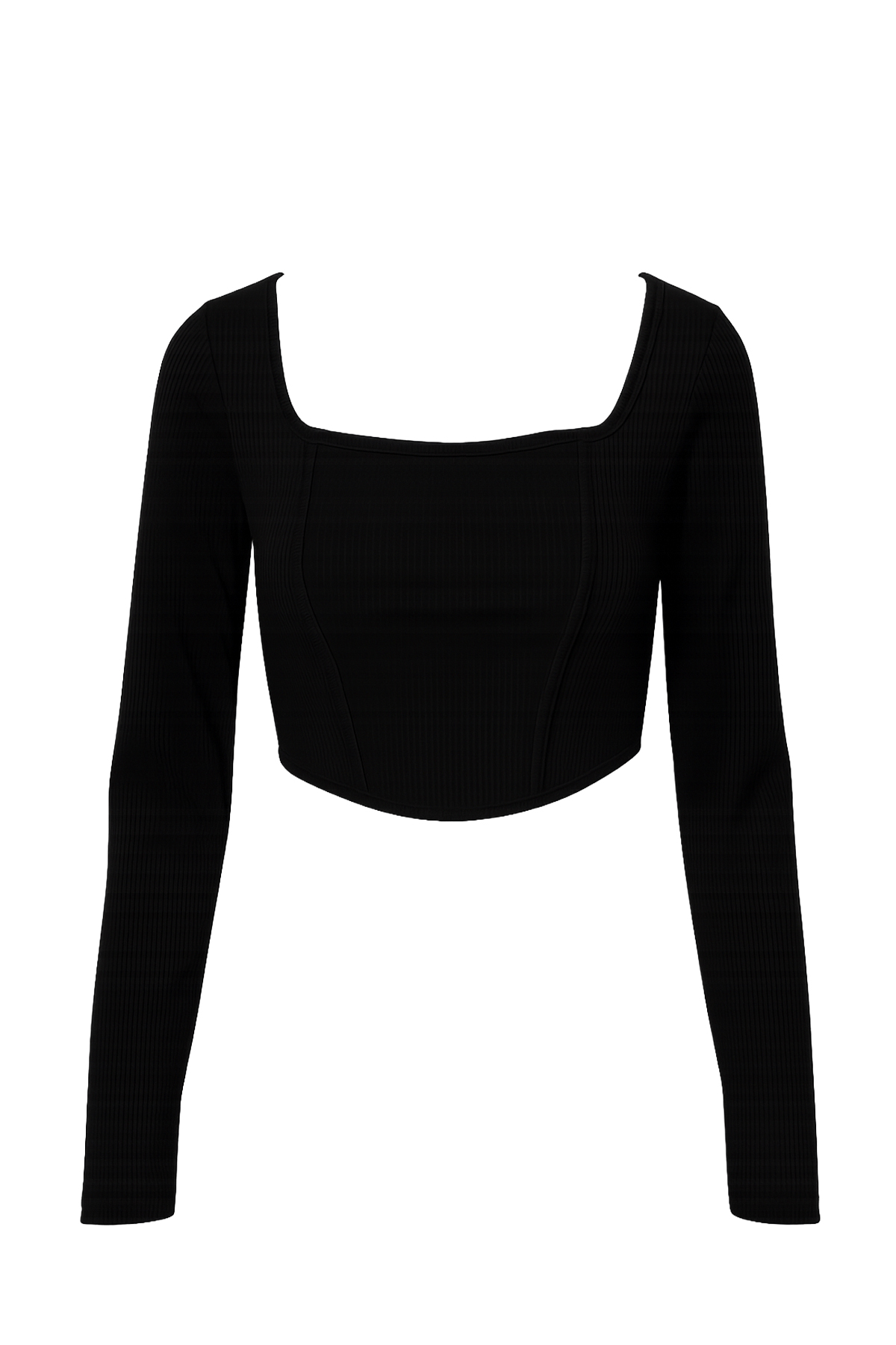 Kare Yaka Dikiş Detaylı Crop Örme Bluz - Siyah