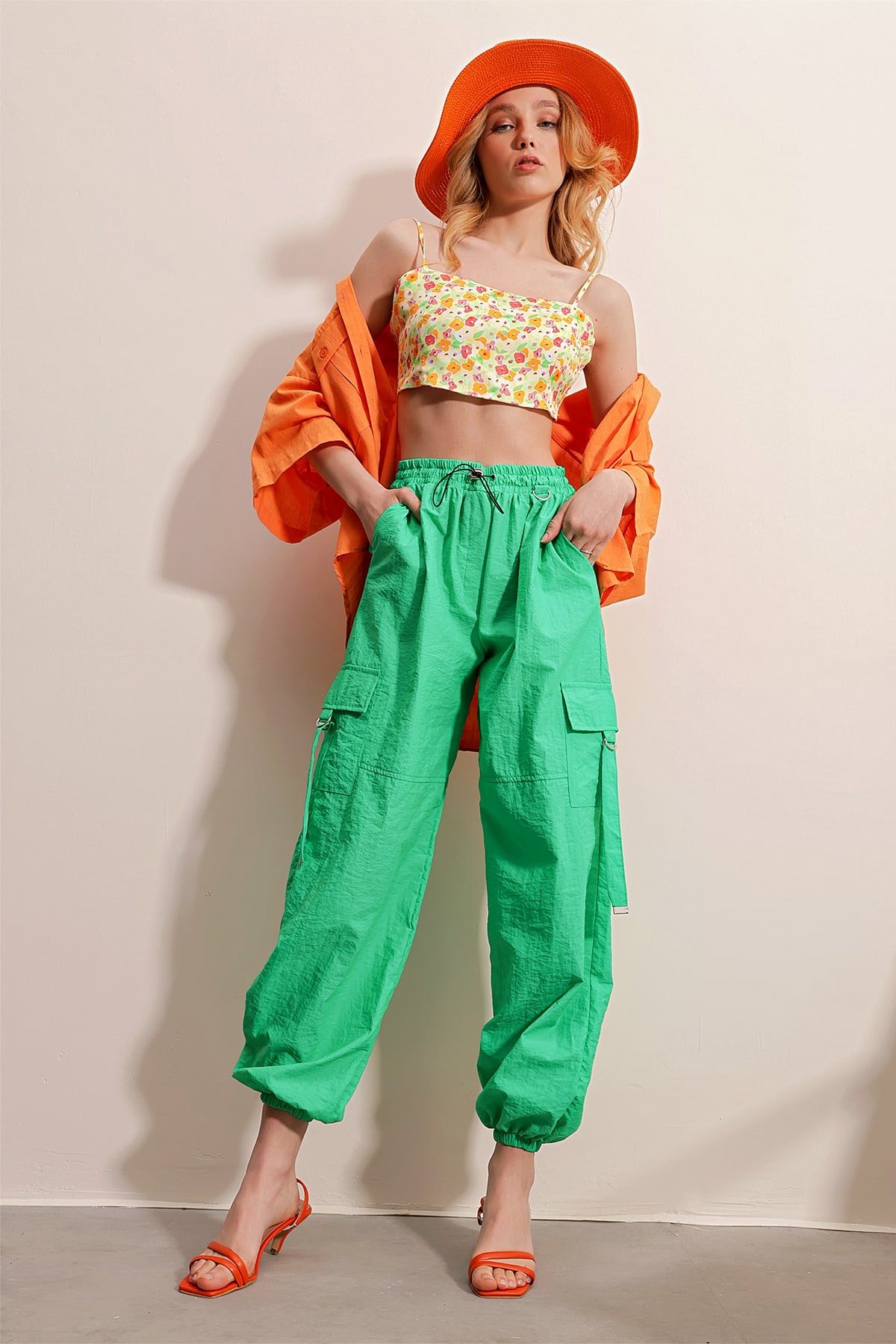 Kargo Cepli Beli Lastikli Jogging Pantolon - YEŞİL