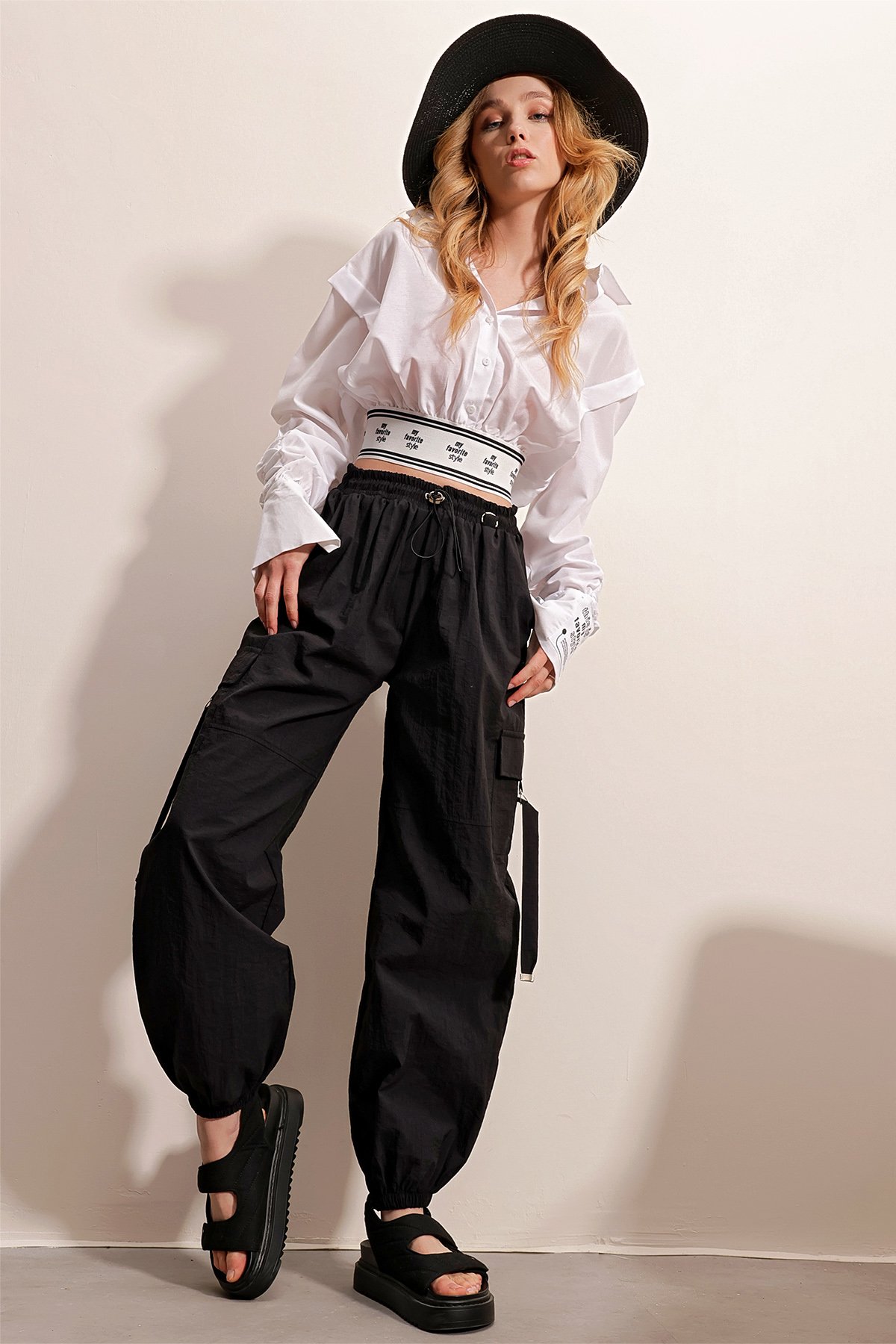 Kargo Cepli Beli Lastikli Jogging Pantolon - SİYAH