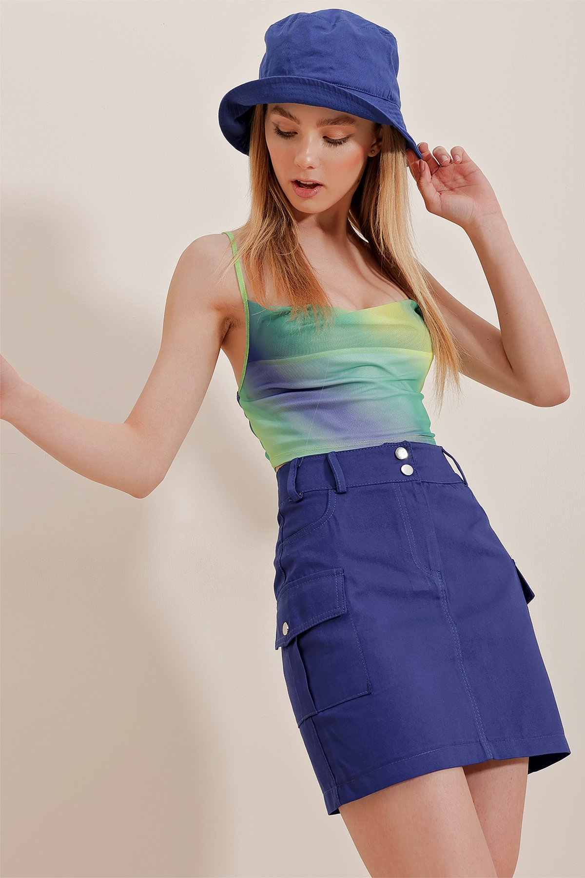 Kargo Cepli Gabardin Mini Etek - Saks