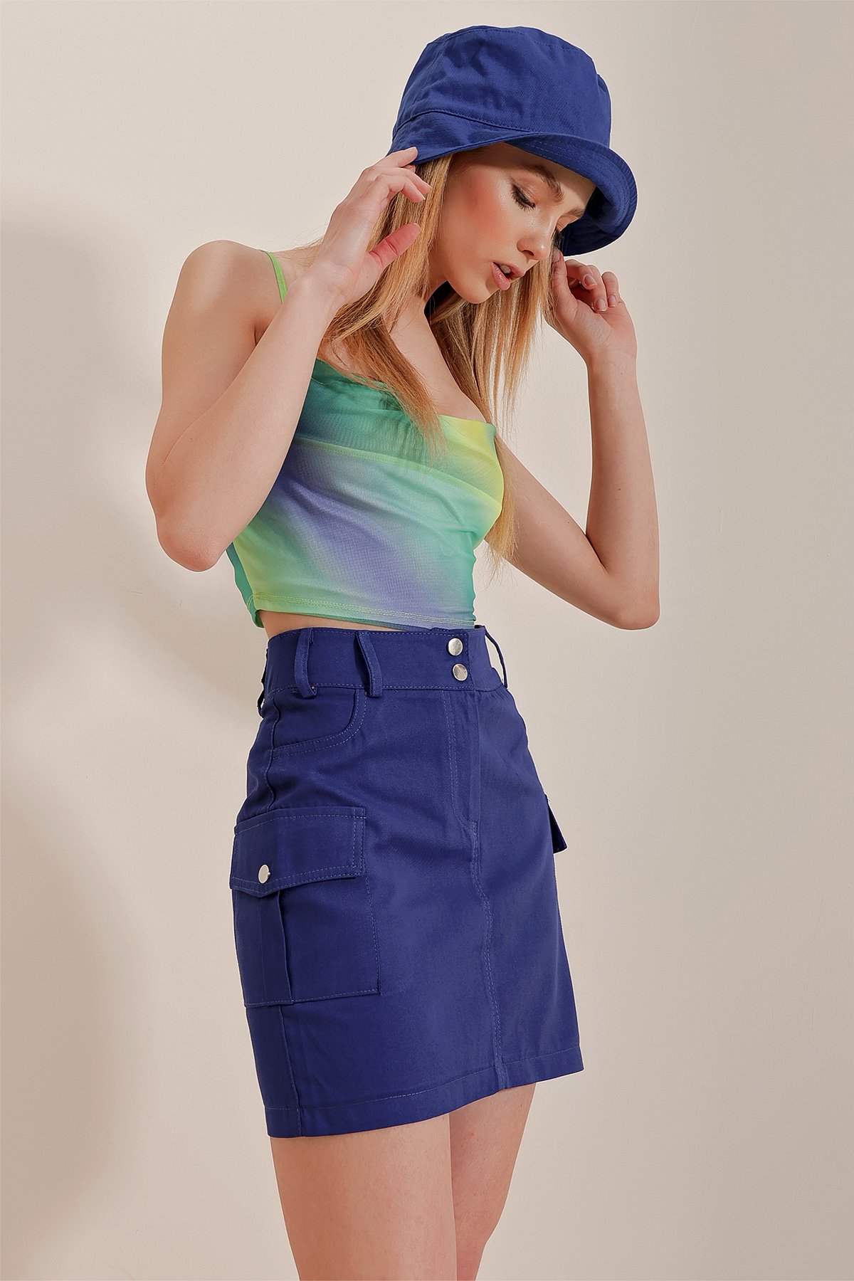 Kargo Cepli Gabardin Mini Etek - Saks