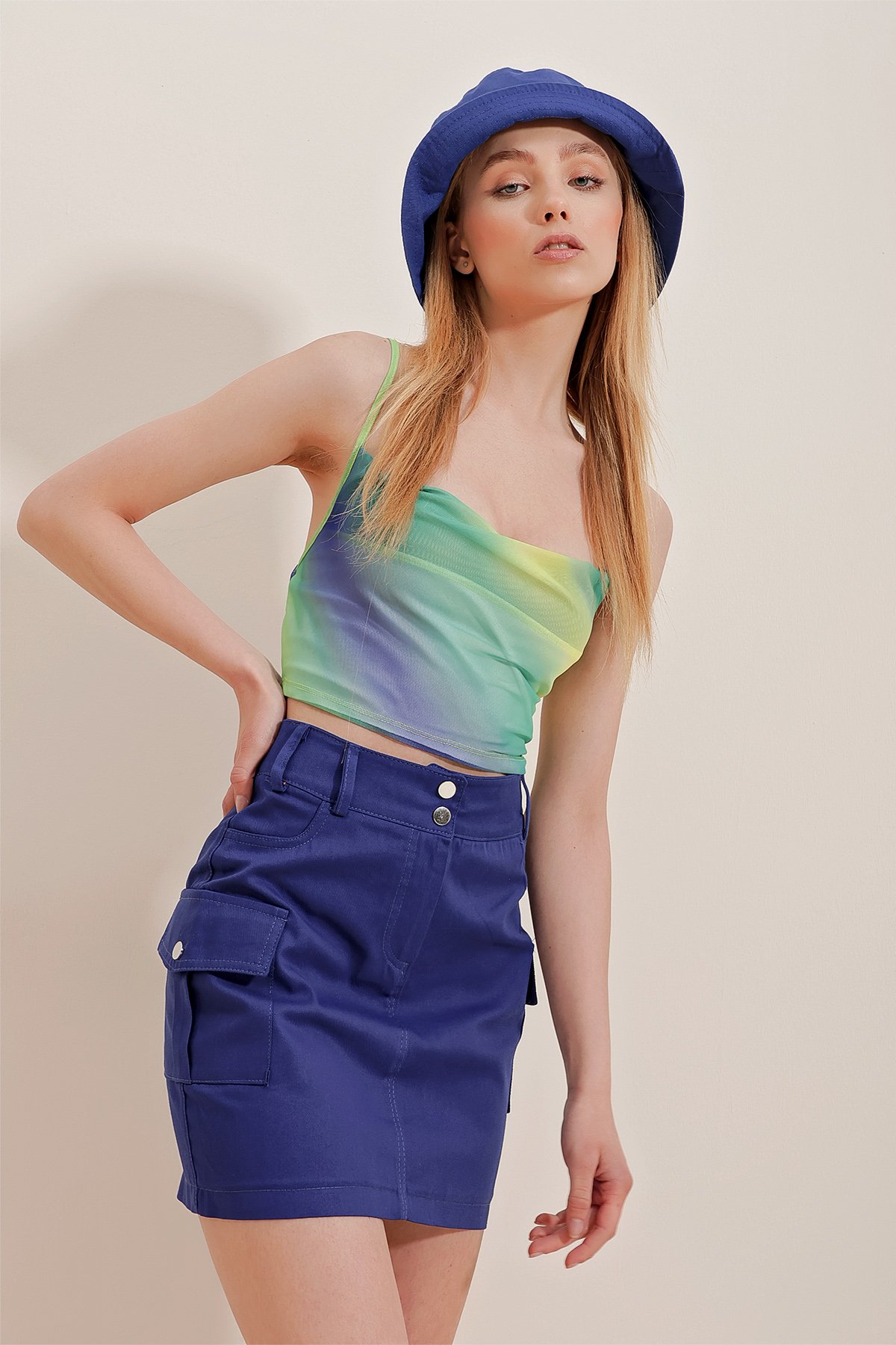 Kargo Cepli Gabardin Mini Etek - Saks