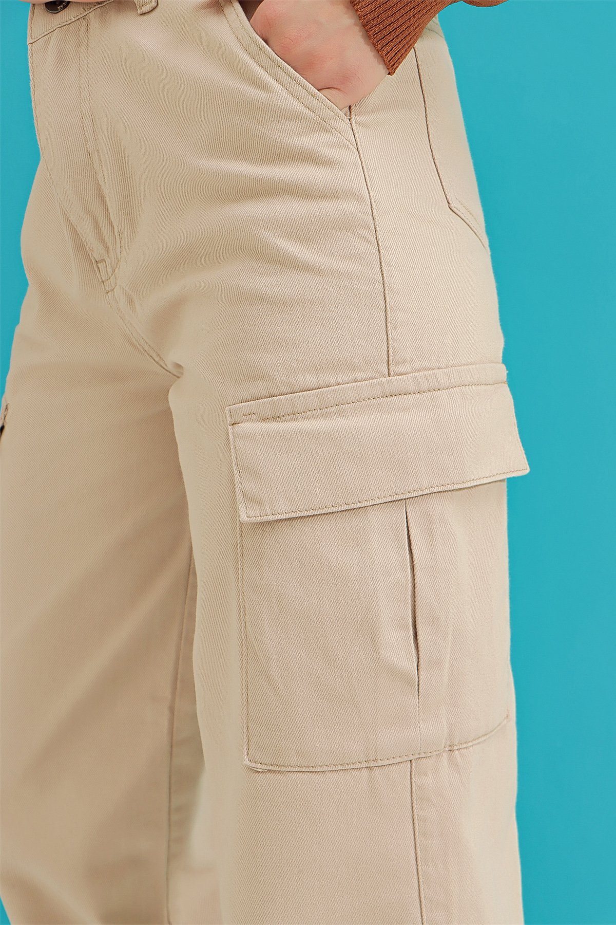 Kargo Cepli Wide Leg Jean Pantolon - Bej