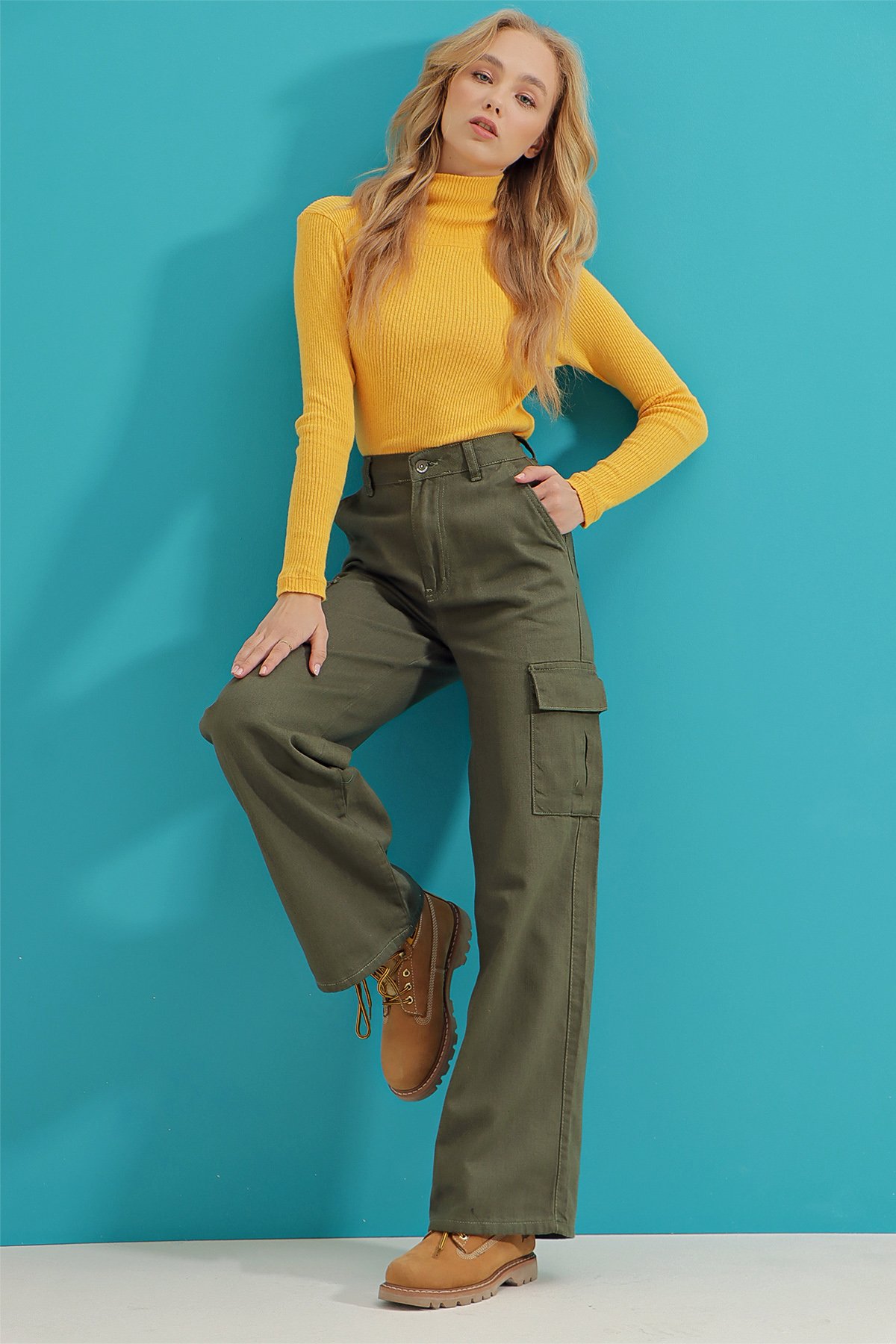 Kargo Cepli Wide Leg Jean Pantolon - Haki