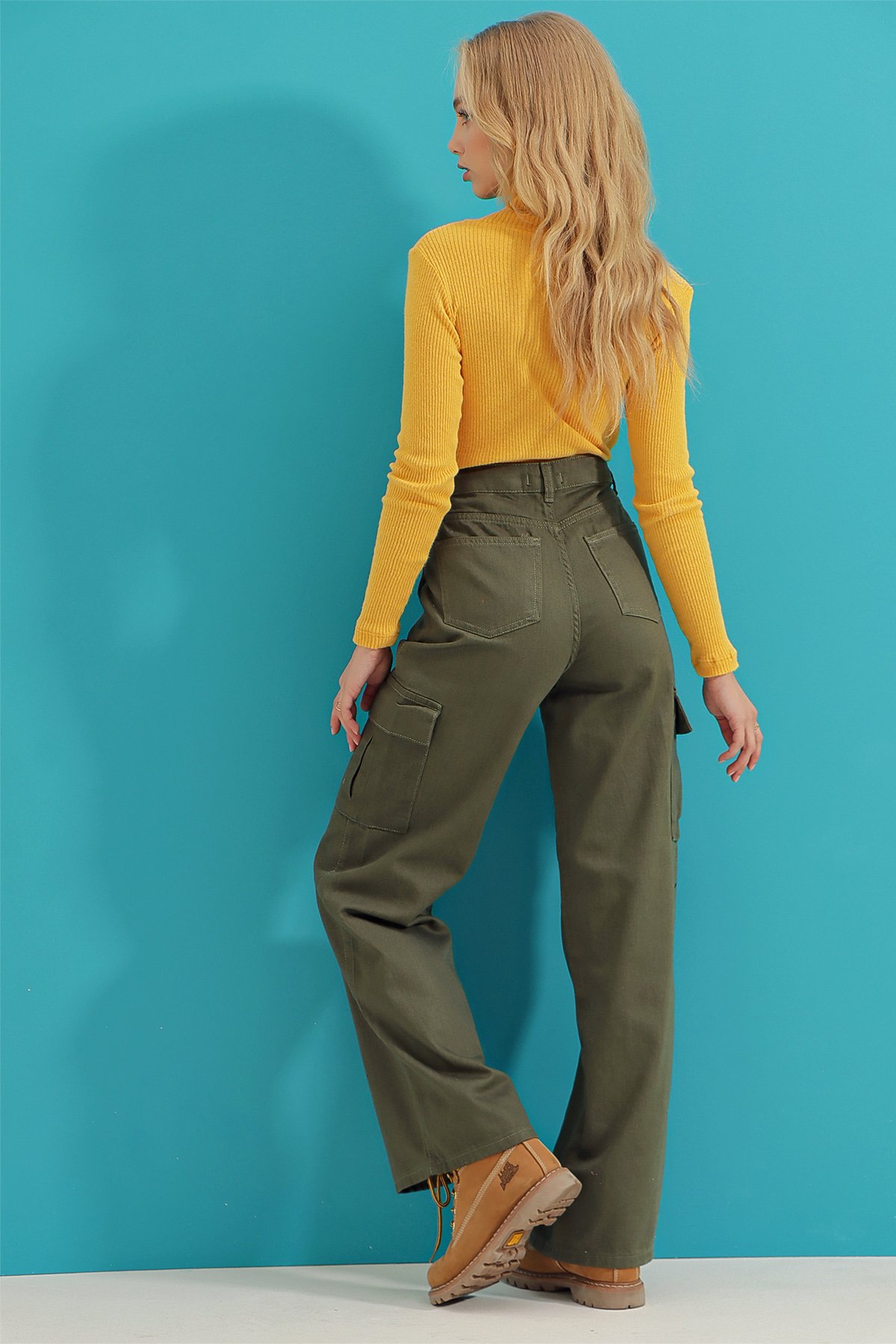 Kargo Cepli Wide Leg Jean Pantolon - Haki