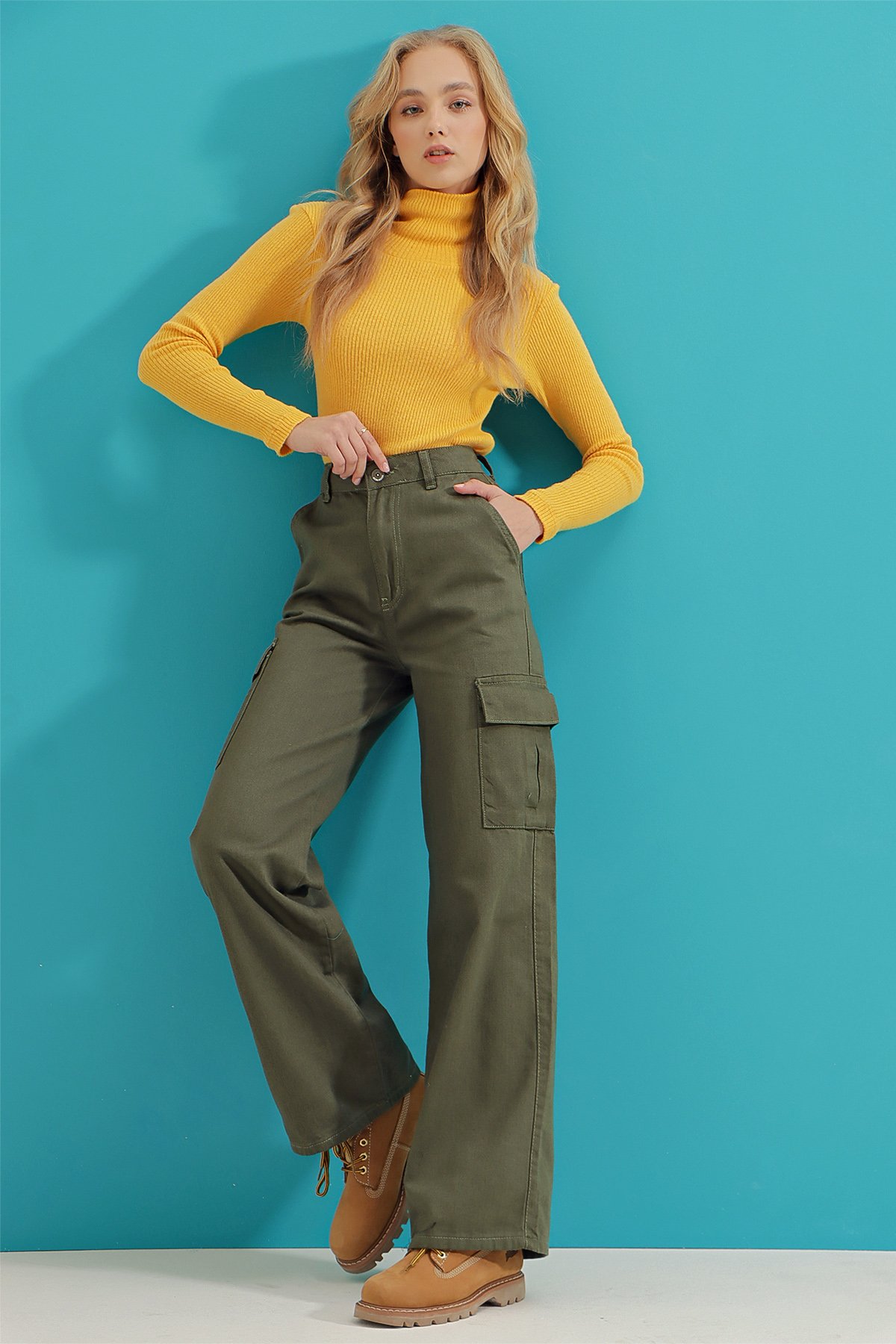Kargo Cepli Wide Leg Jean Pantolon - Haki