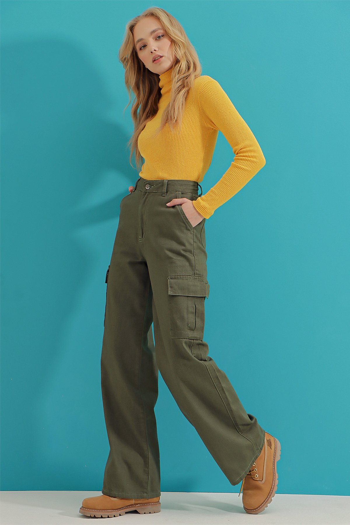 Kargo Cepli Wide Leg Jean Pantolon - Haki