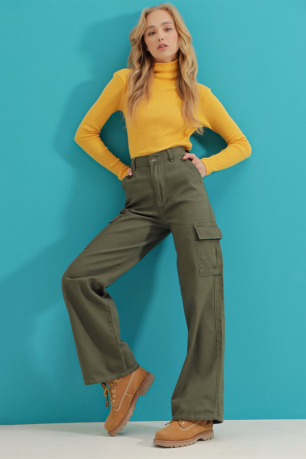 Kargo Cepli Wide Leg Jean Pantolon - Haki